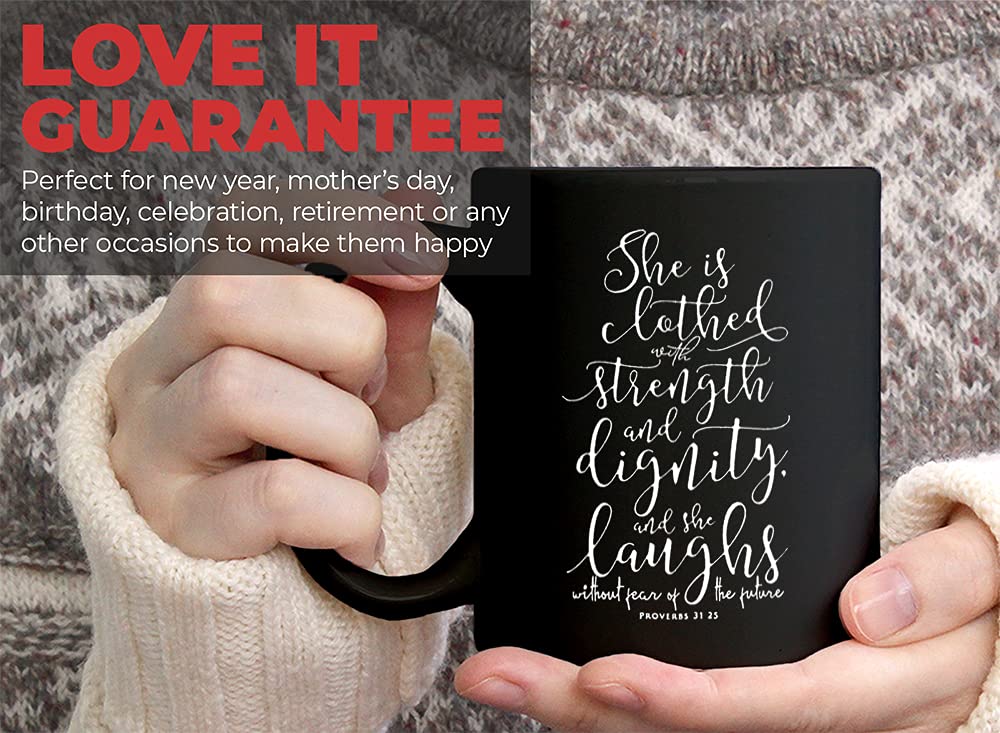 Inspirational Bible Verse Coffee Mug - She Is Clothed With Strength And Dignity Proverbs 31:25 - Christian Gift for Women, Mothers, Church Members - Perfect for Daily Devotion, Bible Study & Encouragement