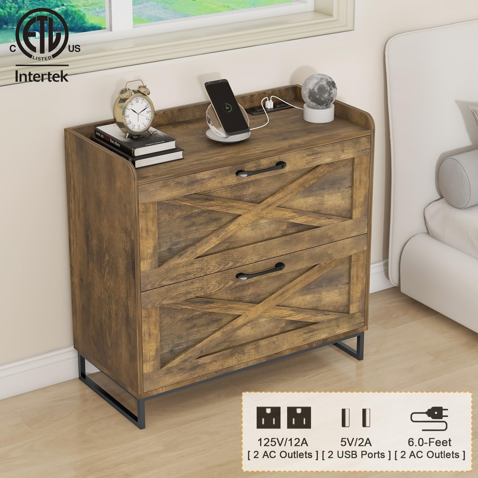 2-Drawer Lateral File Cabinet with Charging Station - Letter/Legal/A4 Size Hanging File Storage - Wooden Office Cabinet with Printer Stand for Home & Workspace - Brown - Perfect for Organizing Documents, Charging Devices & Saving Space in Home Offices