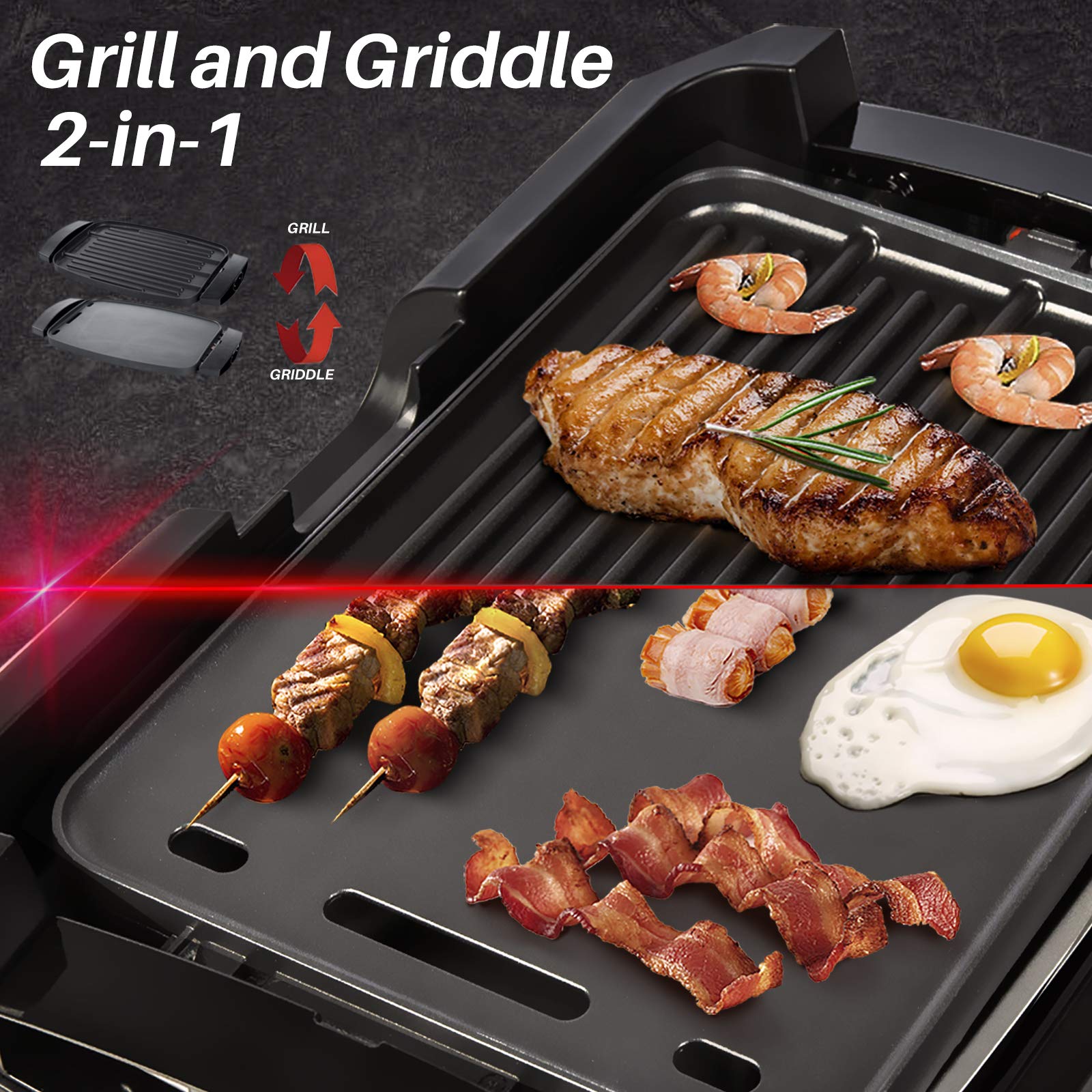 Secura 1800W Electric Smokeless Indoor Grill - 2-in-1 Reversible Grill & Griddle Plates with Glass Lid & XL Drip Tray | Dishwasher Safe | Perfect for Healthy Cooking, Family BBQs & Small Kitchen Spaces