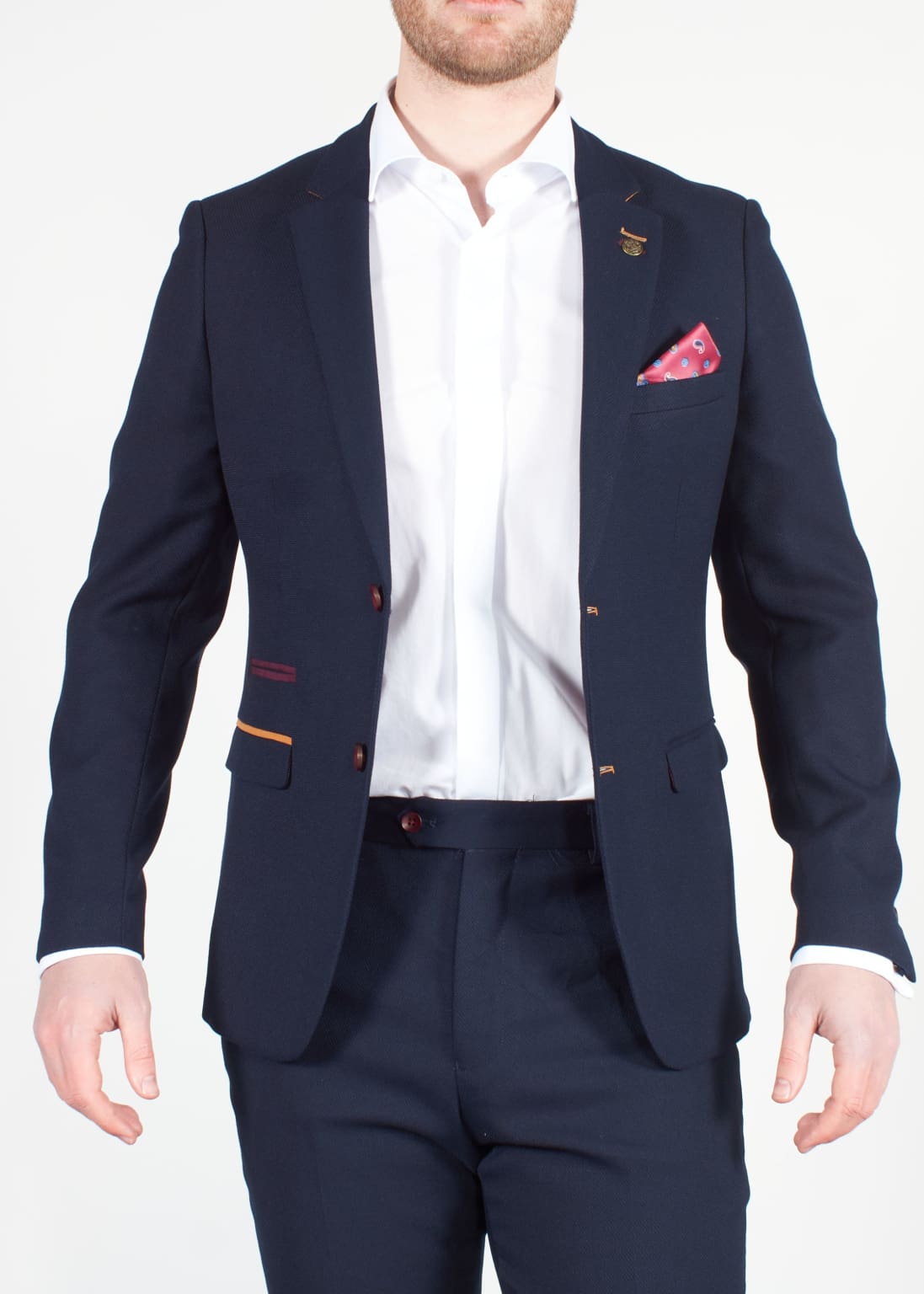 Marc Darcy JD4 Men's Navy Blue Contrast Trim Slim Fit Blazer Jacket - Formal Business Attire for Office, Wedding & Special Occasions