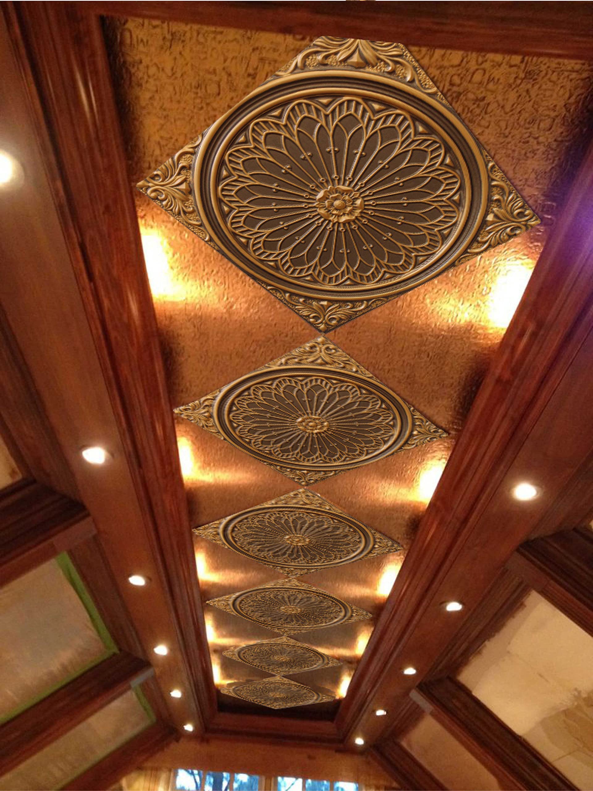 Premium PVC 3D Decorative Ceiling Panel - Rustic Floral Antique Gold Design, 2ft x 2ft (60cm x 60cm), Pack of 10 | Easy Glue Up or Lay In Installation for Home, Office & Commercial Spaces