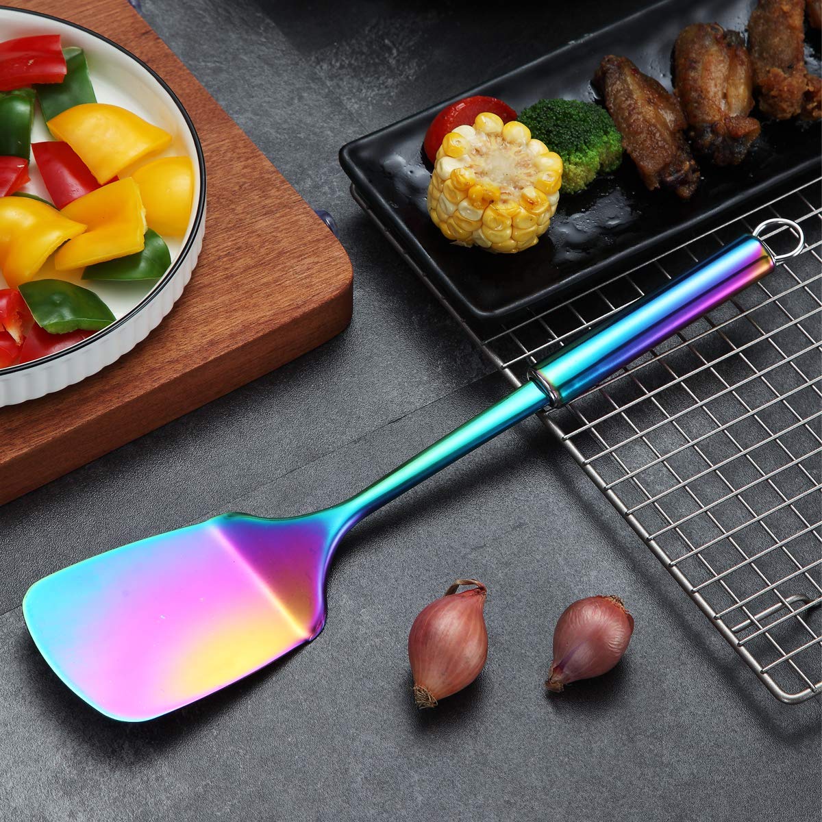 **Berglander Stainless Steel Rainbow Spatula - Titanium-Plated Solid Turner for Cooking, BBQ, Flipping Fish & Pancakes - Colorful Kitchen Utensil for Professional & Home Chefs**