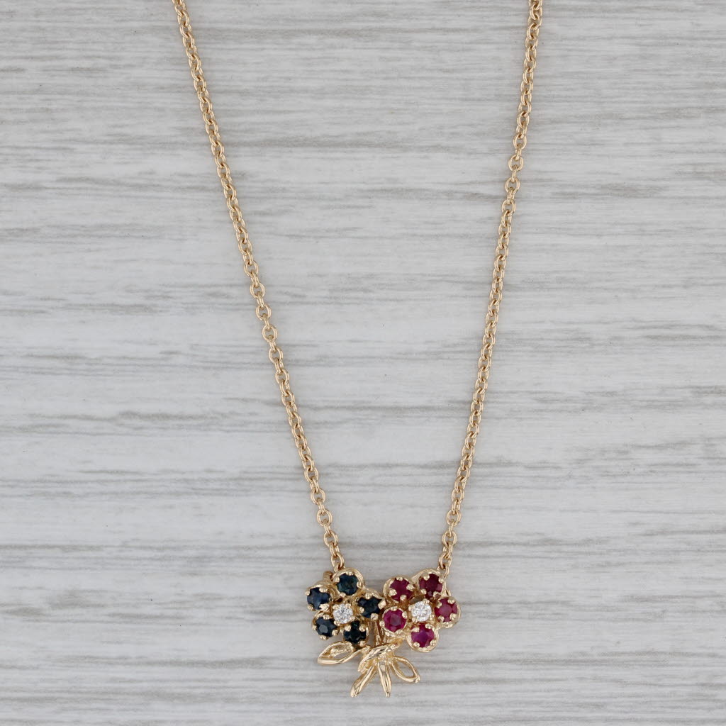 0.45ctw Natural Sapphire Ruby & Diamond Flower Pendant Necklace in 14k Yellow Gold, 14.75