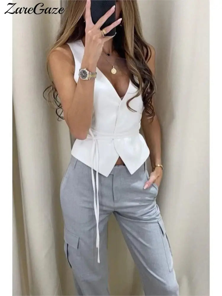 Elegant Chic Lace-Up V-Neck Women's Vest - Solid Slim Sleeveless Tops for Spring & Summer | Sexy Streetwear Fashion for Ladies | Perfect for Date Nights, Parties & Casual Outings