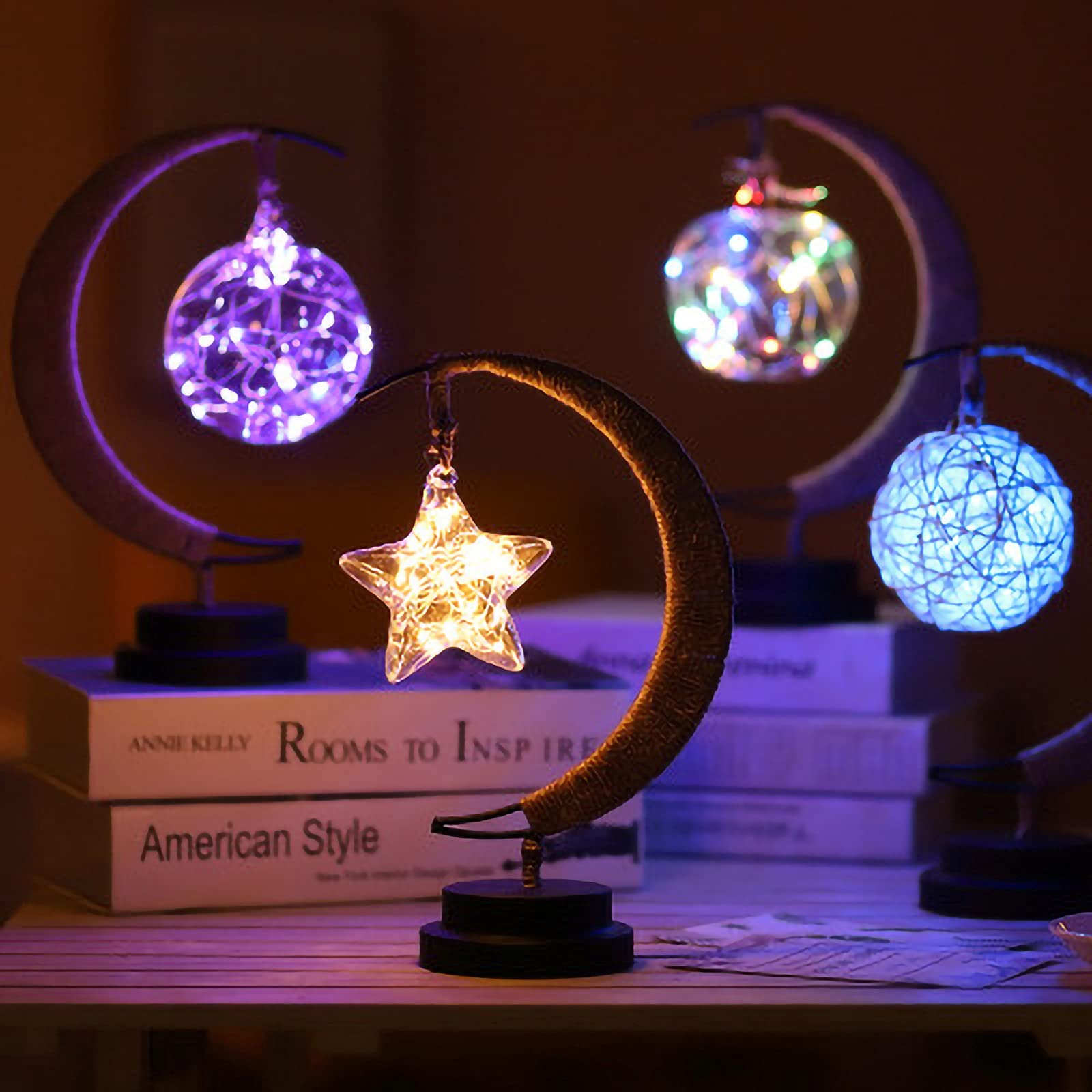 Handmade Hemp Rope Wrought Iron LED Night Light - Moon, Stars, Apple & Sepak Takraw Shapes - Purple Bedside Table Lamp for Romantic Bedroom Decor (Size B) | Perfect for Nursery, Kids Room & Cozy Home Ambiance