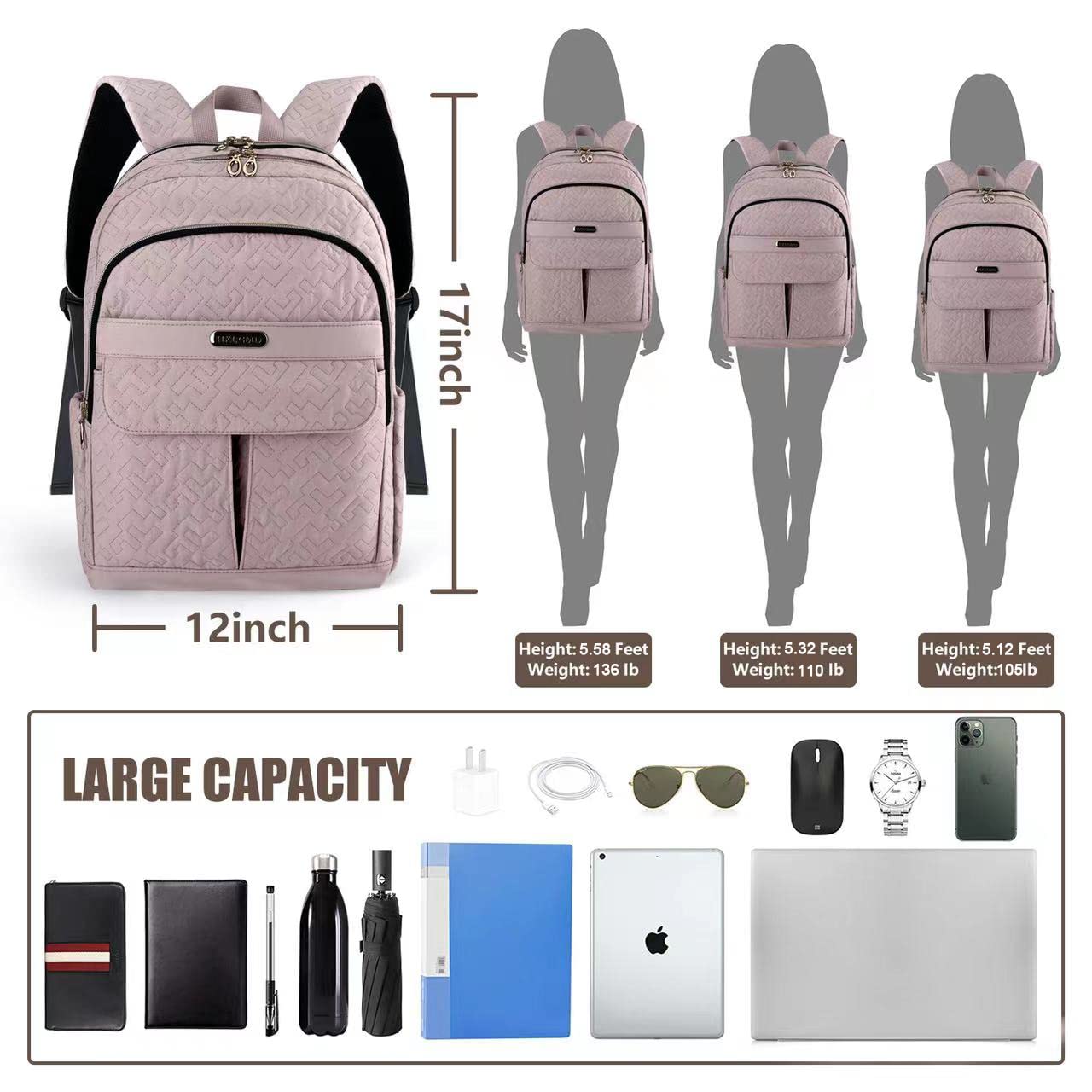 15.6 Inch Laptop Backpack for Women - Stylish Quilted Backpack for Teachers, Nurses & College Students - Durable Casual Daypack for Work, Travel & Office Use - Perfect for Commuting, School & Business Trips