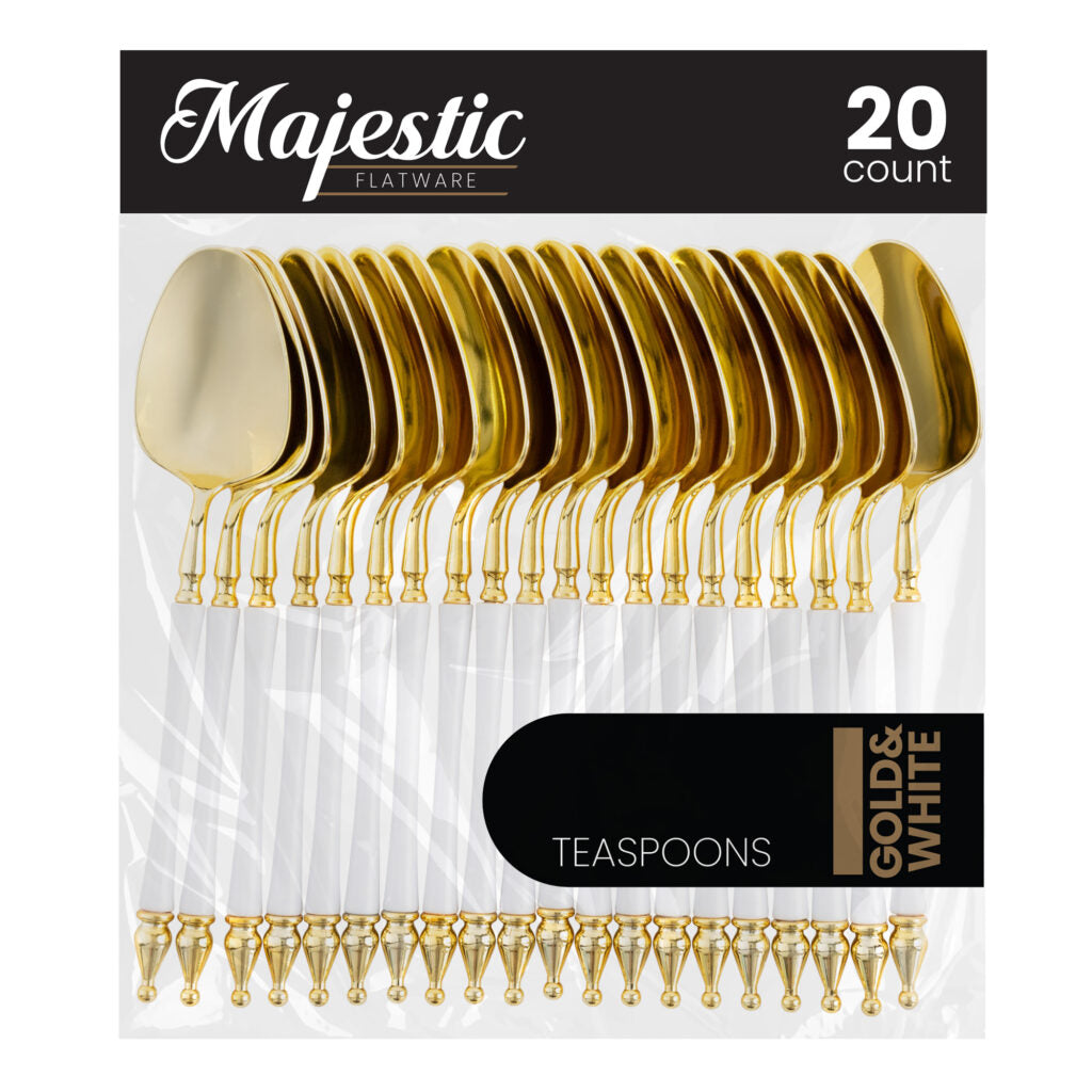 Majestic Collection 20-Piece Gold and White Plastic Flatware Set - Elegant Disposable Cutlery for Parties, Picnics, and Events