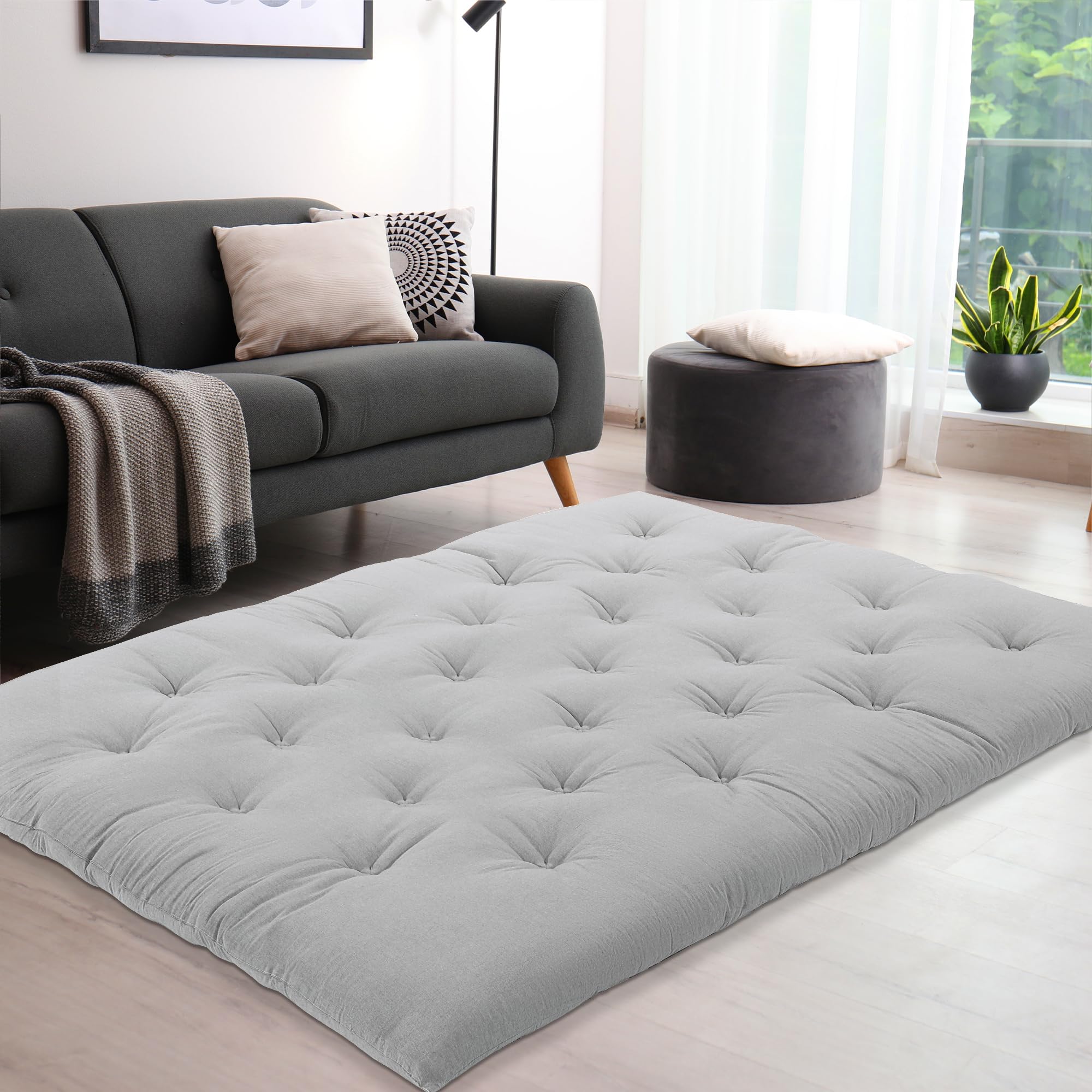 Japanese Floor Mattress Twin Size - Foldable Tatami Mat with 100% Cotton Shell - Futon Mattress & Dorm Sleeping Pad - Roll Up Floor Lounger Bed for Adults & Kids (Grey, 80