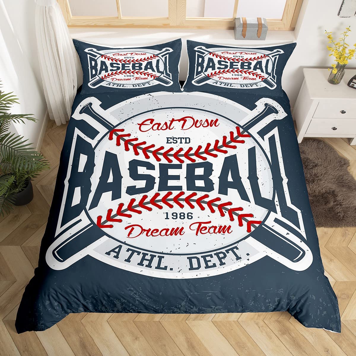 Homewish Vintage Baseball Duvet Cover Set - Twin Size Sports Theme Bedding for Kids, Boys & Teens - 2 Piece Navy Blue Comforter Cover with Pillowcase - Perfect for Baseball Lovers' Bedroom Decor & Game Room Theme