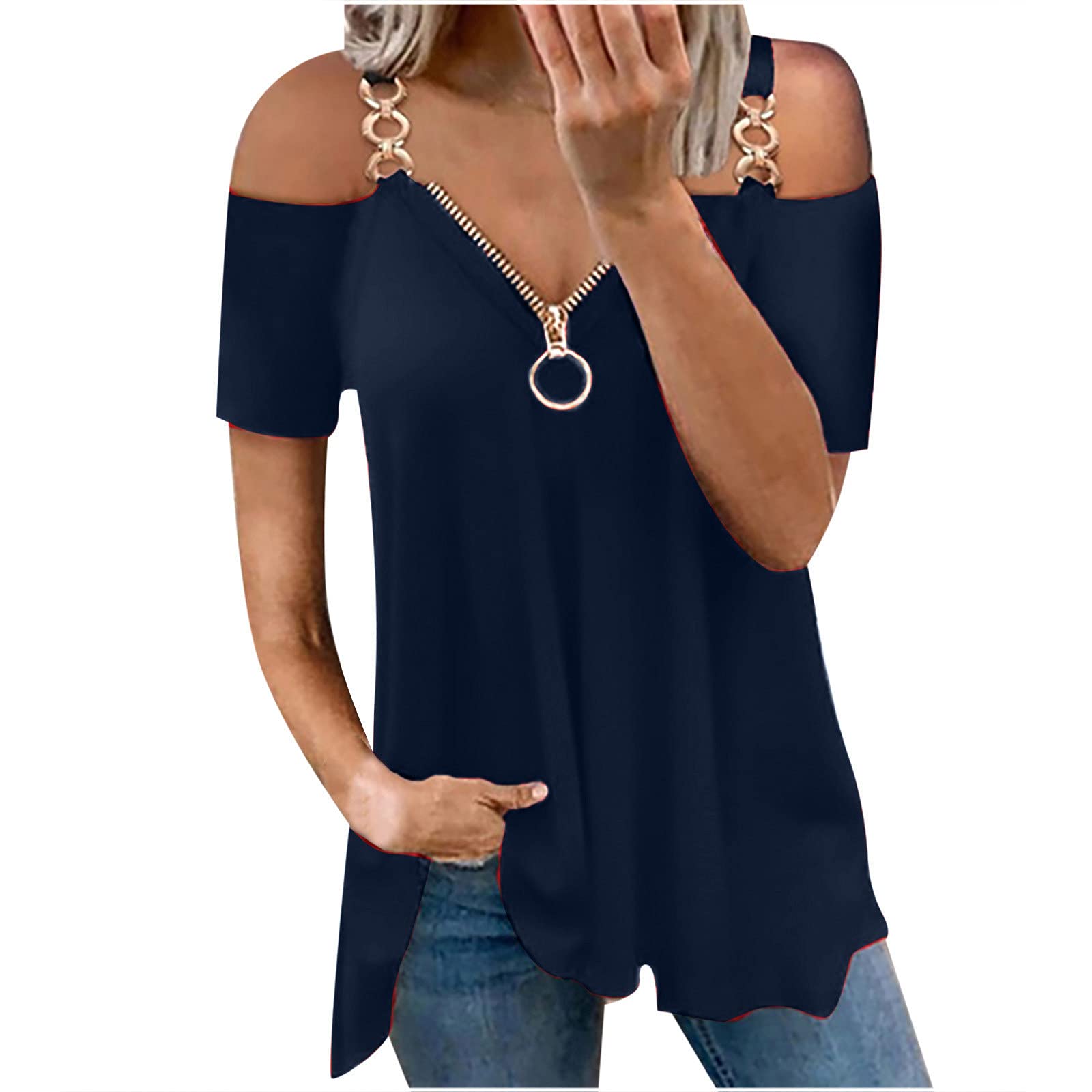 Sexy V-Neck Zipper Blouse for Women - Casual Short Sleeve Summer Tops, Fashion Tunic Tee in Plus Size | Perfect for Beach Outings, Date Nights & Summer Vacations