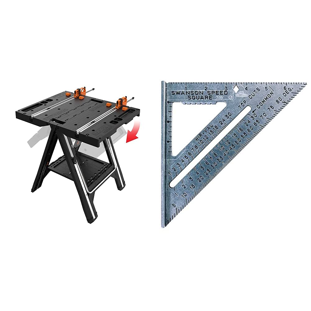 WORX WX051 Pegasus Folding Work Table & Sawhorse with SWANSON S0101 7-Inch Speed Square - Portable Jobsite Workbench for Woodworking, Construction & DIY Projects