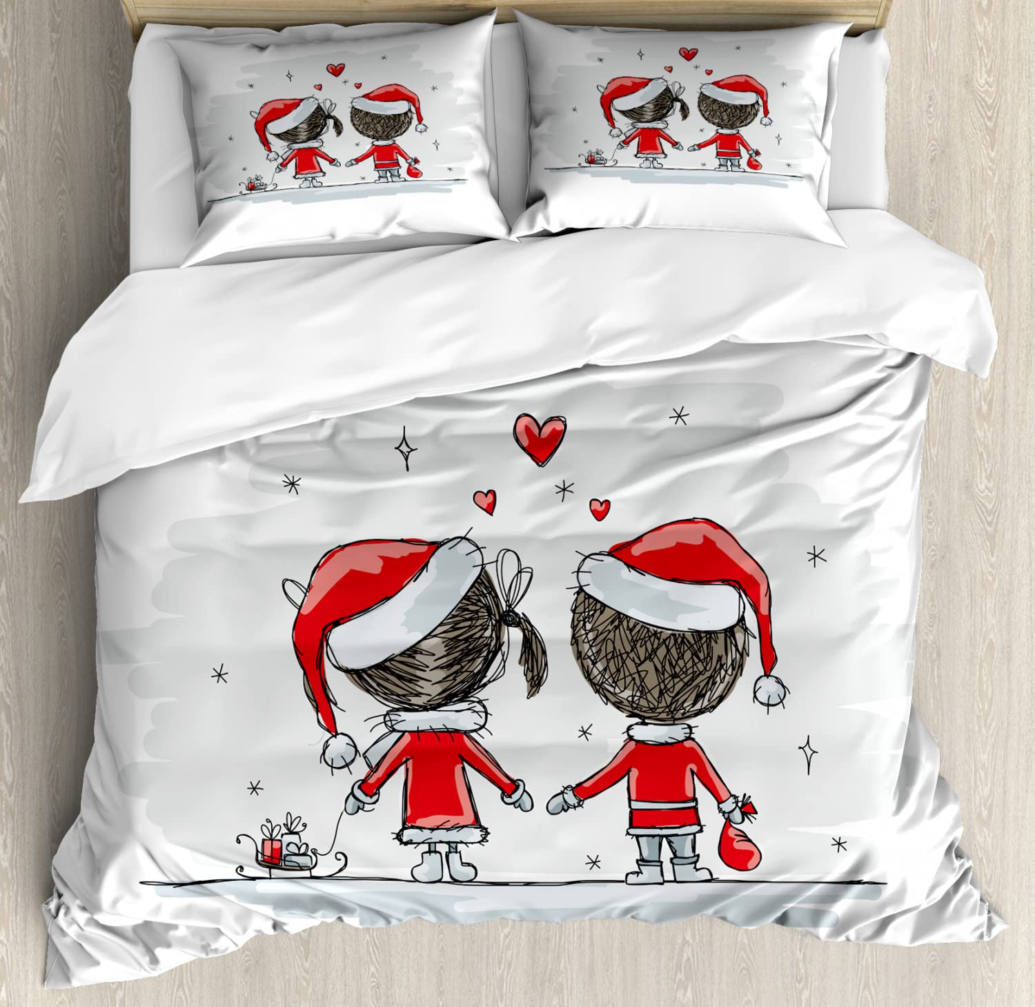 Ambesonne Christmas Duvet Cover Set - Santa Costume Family Romance Winter Night Print Bedding Set (2 Duvet Covers + 4 Pillowcases) 2-Pack California King Size Red White | Perfect for Holiday Decor, Cozy Winter Nights & Festive Bedroom Makeover