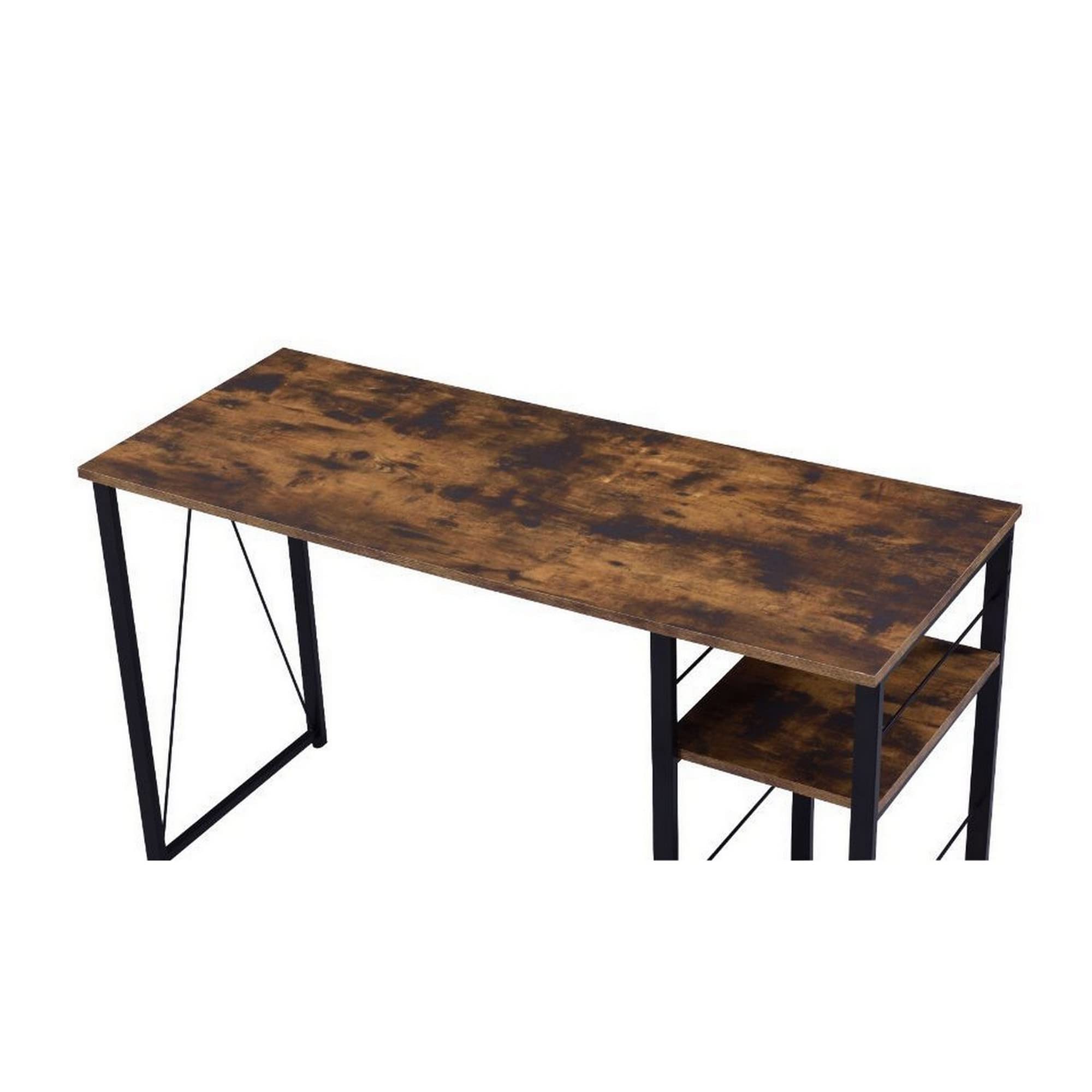 Benjara Modern Writing Desk with 2-Tier Shelves & Sturdy Tubular Metal Legs - Brown & Black Home Office Furniture for Small Spaces | Perfect for Remote Work, Study & Crafting