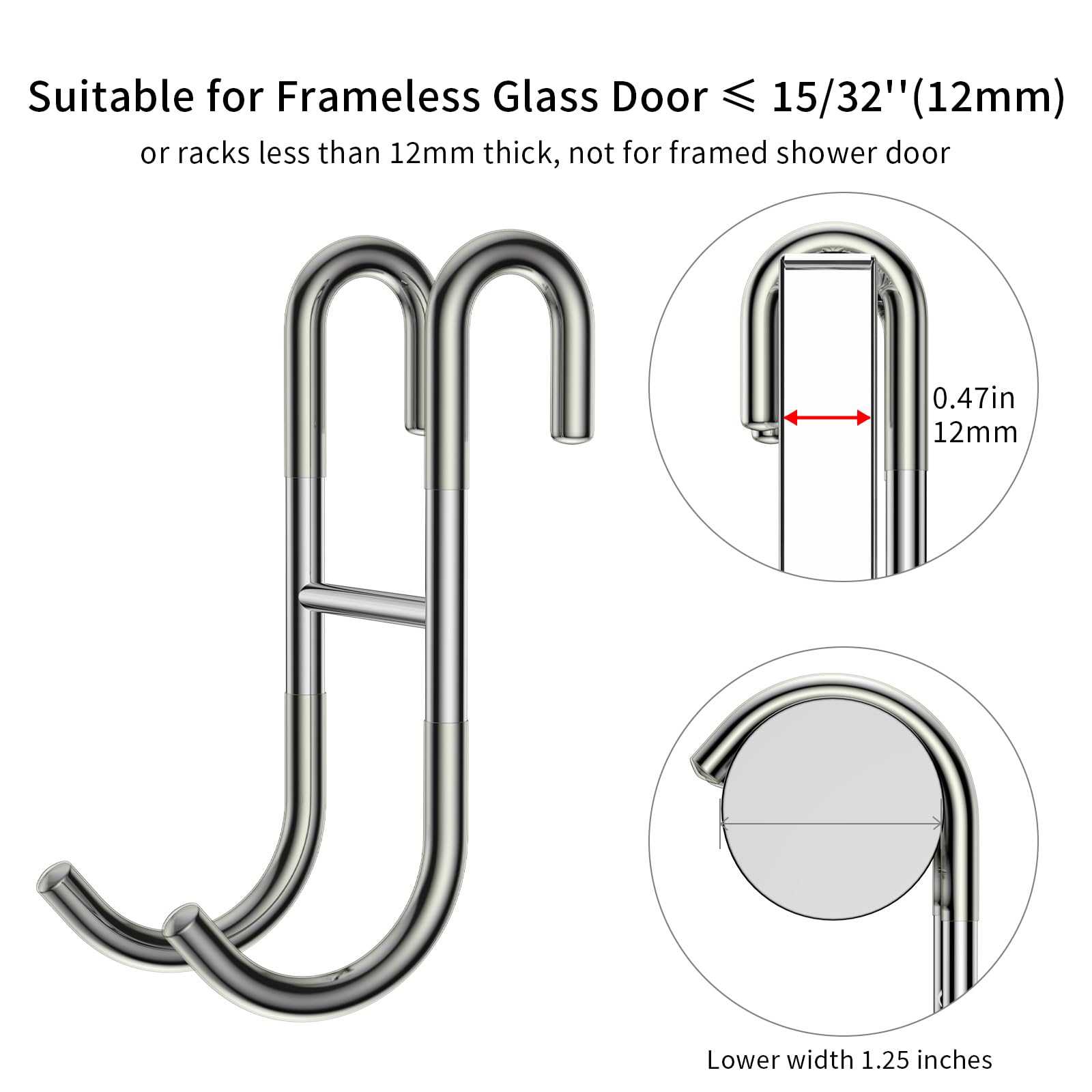 2 Pack Silver 304 Stainless Steel Over Shower Glass Door Hooks - No Drill Bathroom Hanger for Towels, Robes, Bathing Suits & Accessories - Rustproof Frameless Shower Organizer for Spa, Gym & Home Use