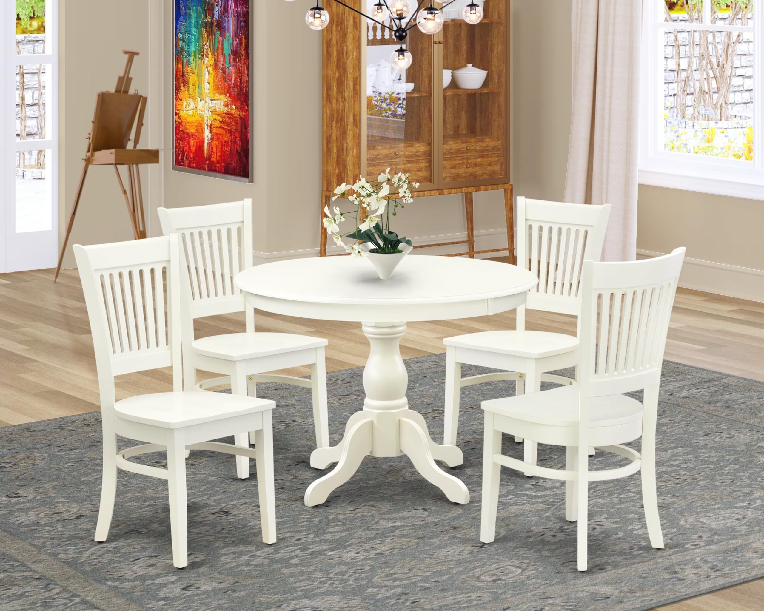 East West Furniture HBVA5-LWH-W 5-Piece White Linen Dining Set with 42x42 Inch Round Pedestal Table & 4 Chairs - Perfect for Small Kitchens, Breakfast Nooks & Cozy Apartments