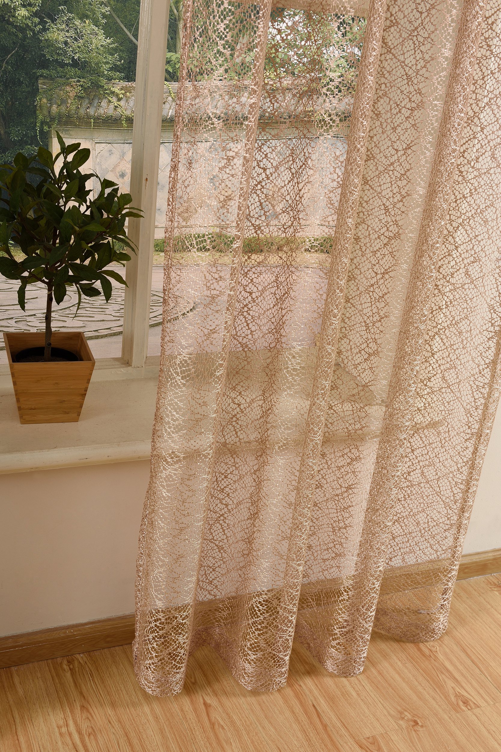Mesh Net Curtain with Eyelets - Transparent Plain Decorative Polyester Window Drape in Taupe (245x140cm) for Living Room, Bedroom & Kitchen