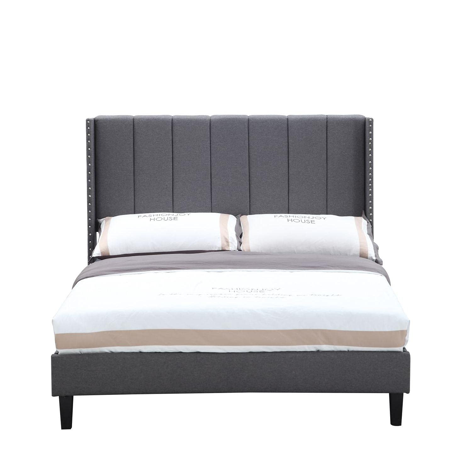 Modern Upholstered Full Size Bed Frame with Headboard - Wood Slat Support Faux Leather Platform Bed - No Box Spring Needed - Easy Assembly (Grey) - Perfect for Guest Rooms, Dorms & Small Apartments