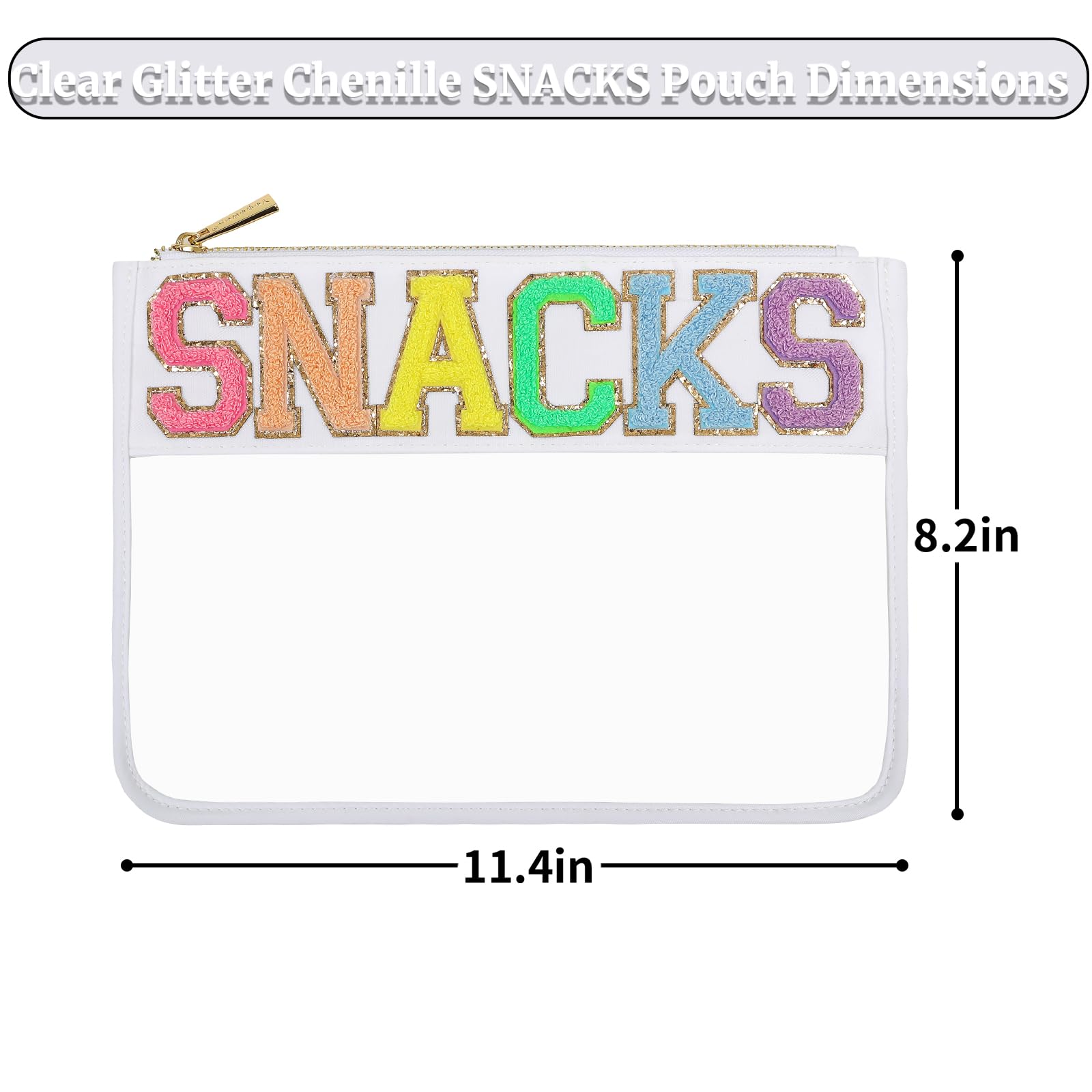 Clear Glitter Chenille Snack Bags for Travel - Reusable Zipper Pouch for Snacks, Candy, Jewelry & Essentials - Perfect Women's Gift (White) - Great for Road Trips, Airplane Snacks & Daily Organization