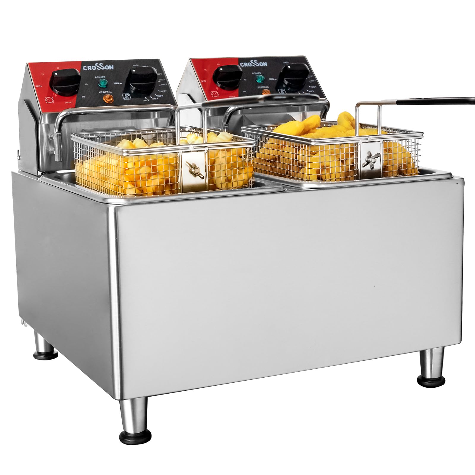 CROSSON 20Lbs Dual Tank Electric Deep Fryer with Rotary Fryer Head, 30-Minute Timer & Removable 304 Stainless Steel Oil Tank - Commercial & Home Use for Chicken, Fish, French Fries & Donuts