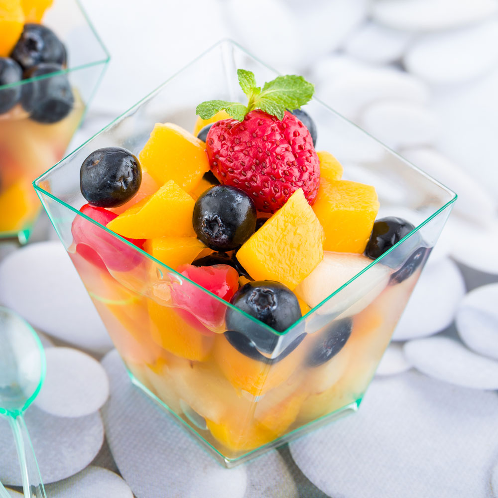 100 Pack 6 oz Square Seagreen Plastic Girata Dishes with 100 Silver Mini Plastic Spoons - Perfect for Party Catering, Wedding Favors & Dessert Serving