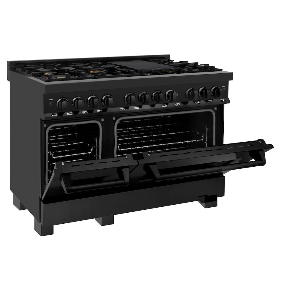 ZLINE 48 Inch Professional Kitchen Package - Black Stainless Steel Dual Fuel Range & Convertible Vent Hood (2KP RABRH48) | Perfect for Home Chefs & Modern Kitchens