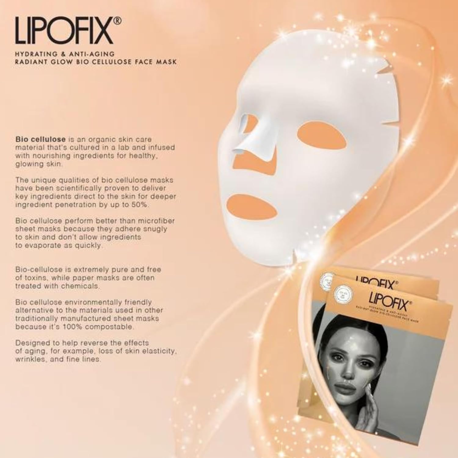 LIPOFIX Bio-Cellulose Face Mask - Hydrating & Anti-Aging Korean Skincare Treatment with Collagen for Wrinkle Reduction & Brightening (5 Pack) | Perfect for Night Routine, Spa Day & Travel Skincare Essentials