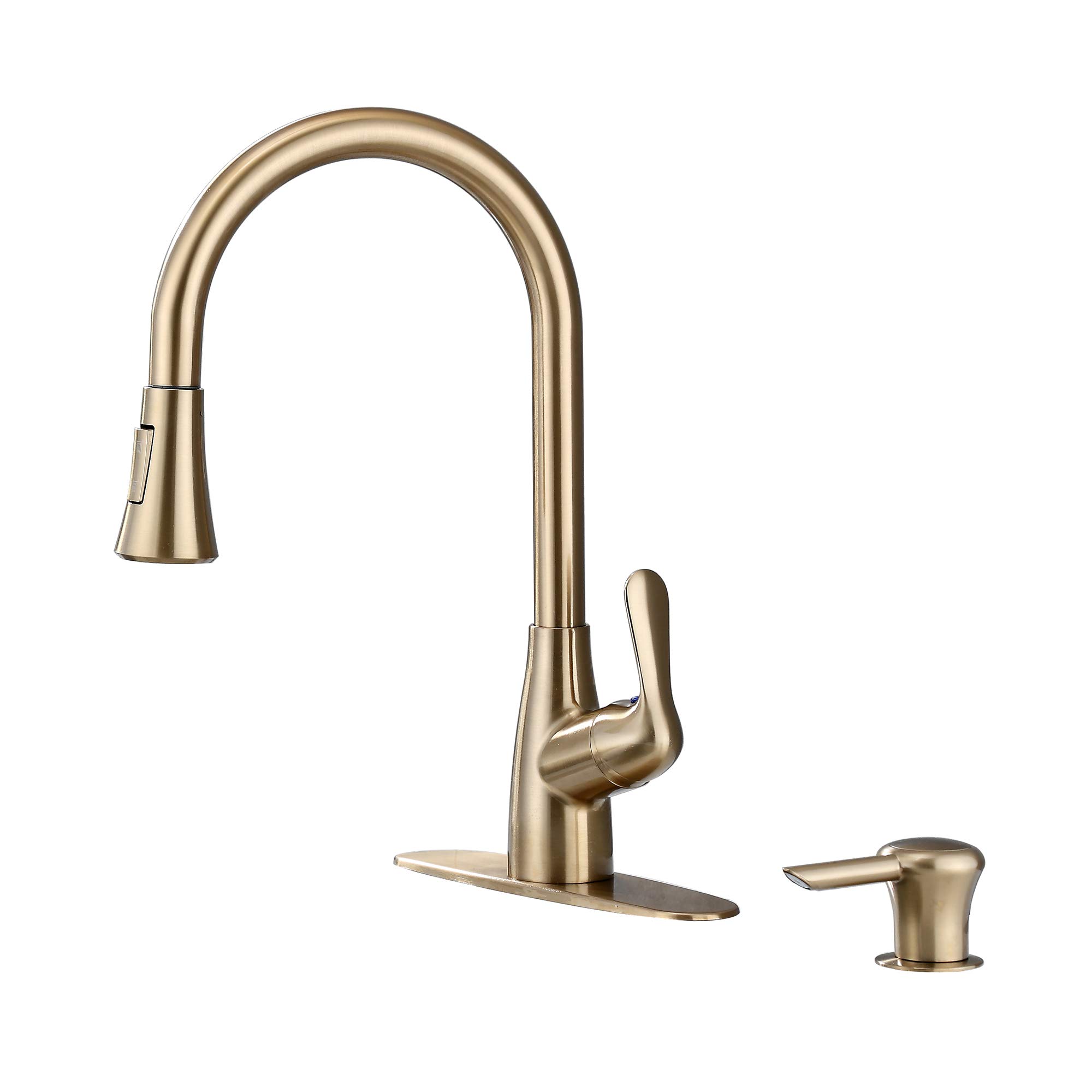 Premium Brushed Gold Single Handle Pull-Down Kitchen Faucet with Soap Dispenser & Deck Plate - Modern Farmhouse Sink Faucet for RV, Camper, Laundry, Bar & Home Kitchen Renovation | High Arc Spout for Easy Washing & Food Prep