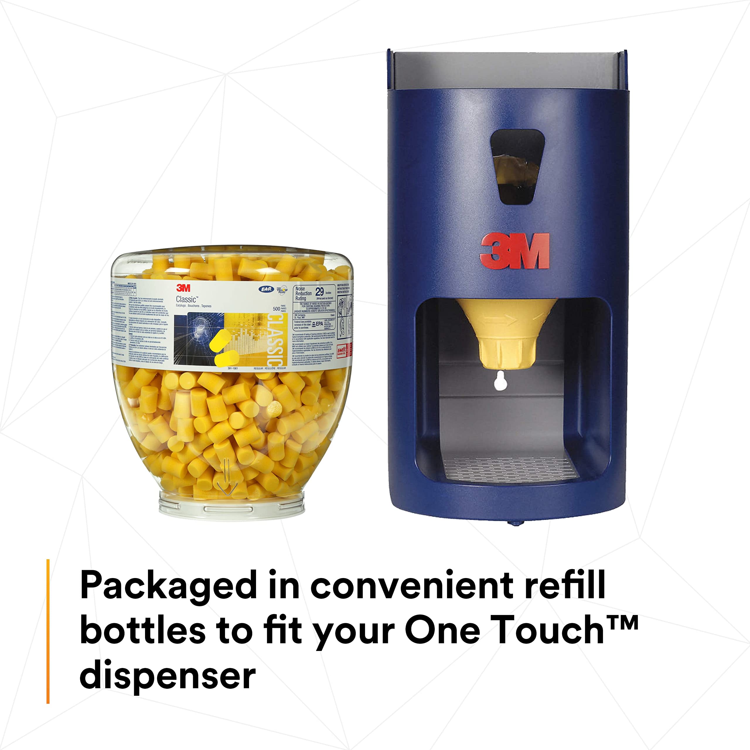 3M E-A-R Classic One Touch Refill 391-1001 Disposable Earplugs - 500 Pairs, Uncorded, 29dB NRR, Foam Ear Protection for Noise Reduction, Regular Size, Roll Down, ANSI/ASA S12.71-2018 Certified - Ideal for Construction, Concerts, Shooting Ranges & Sleeping