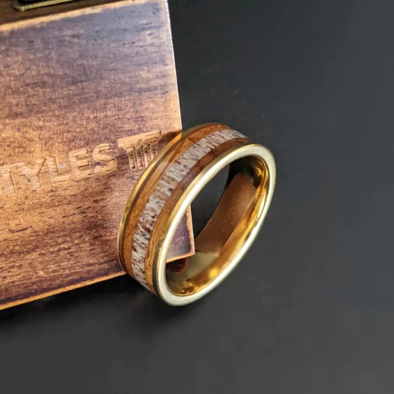 14K Gold Whiskey Barrel Wedding Ring for Men - 8mm Comfort Fit Tungsten Band with Deer Antler Inlay - Bourbon Barrel Wood Ring - Perfect Anniversary Gift for Him - Great for Weddings, Engagements & Special Occasions