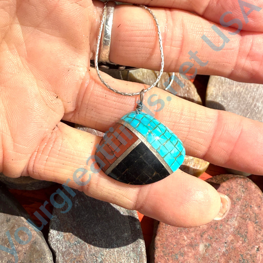 Vintage Native American Turquoise Mosaic Sterling Silver Necklace - Handcrafted Southwest Jewelry for Women, Perfect for Boho Fashion & Special Occasions
