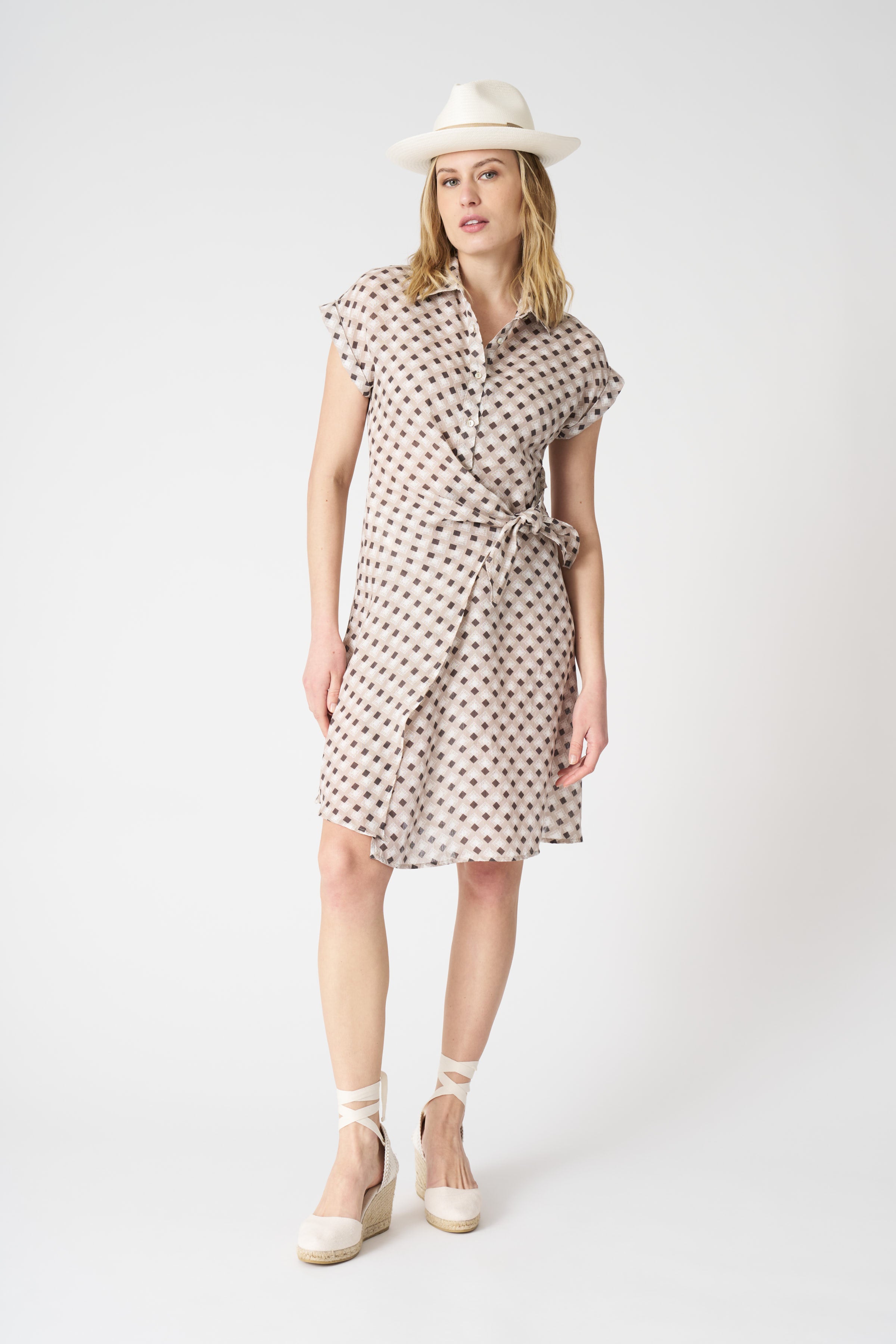 Elegant Geometric Print Wrap Dress with Draped Knot Detail - Perfect for Cocktail Parties, Date Nights & Special Occasions