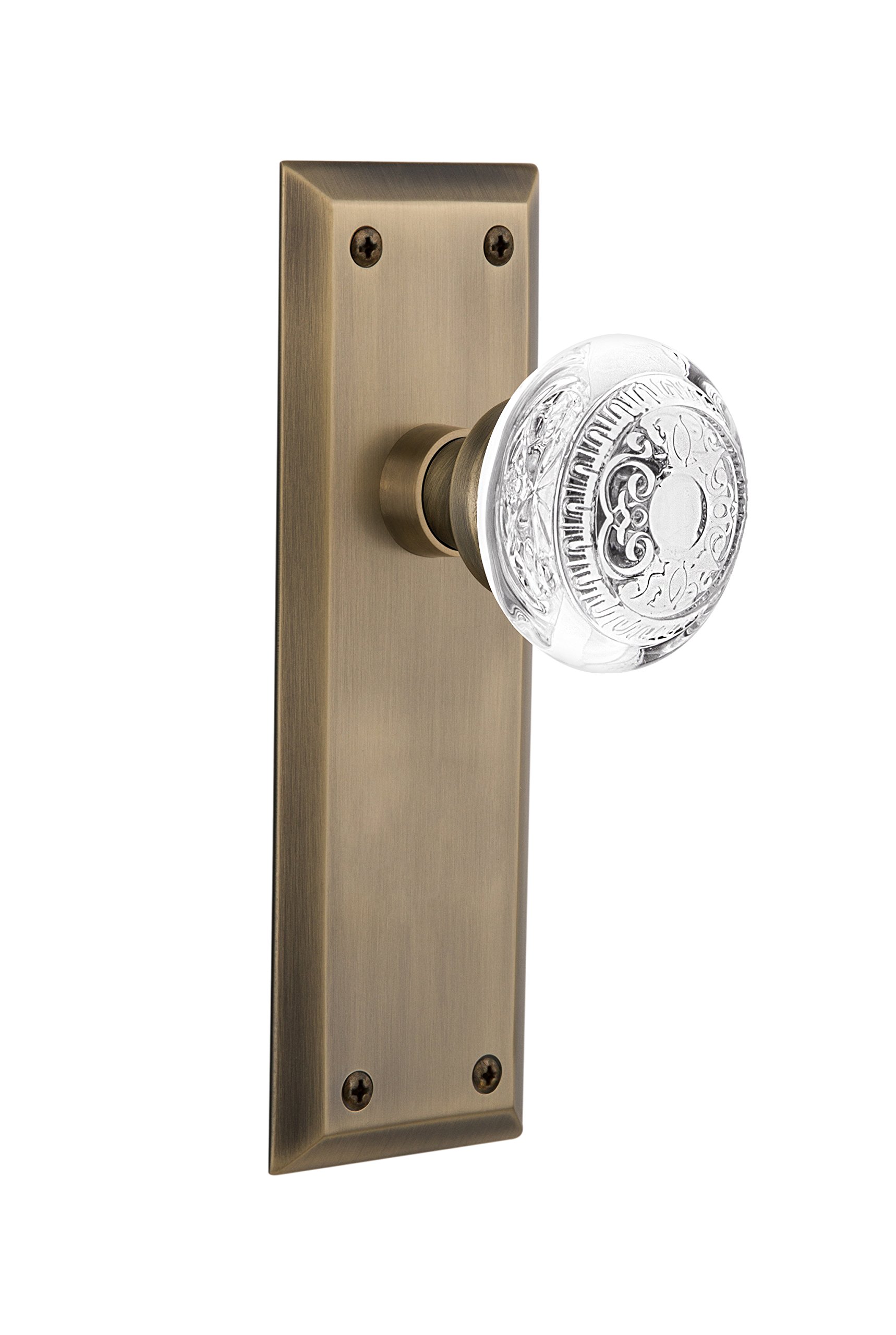 Vintage New York Plate with Crystal Egg & Dart Knob - Antique Brass Surface Mounted Door Hardware for Victorian Homes & Historic Renovations