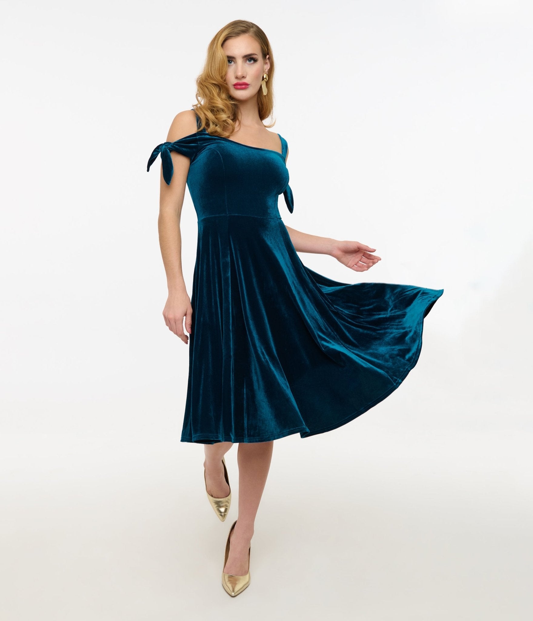 Hell Bunny Teal Velvet Off The Shoulder Midi Dress - Vintage Style Formal Dress for Women, Perfect for Weddings, Parties & Special Occasions
