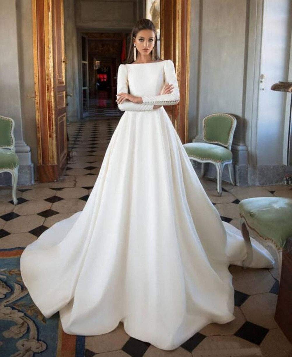 Emanni Women's A-Line Simple Wedding Dress Long Sleeves Boat Neck Satin Gown Ivory - Elegant Bridal Gown for Church, Beach & Formal Weddings