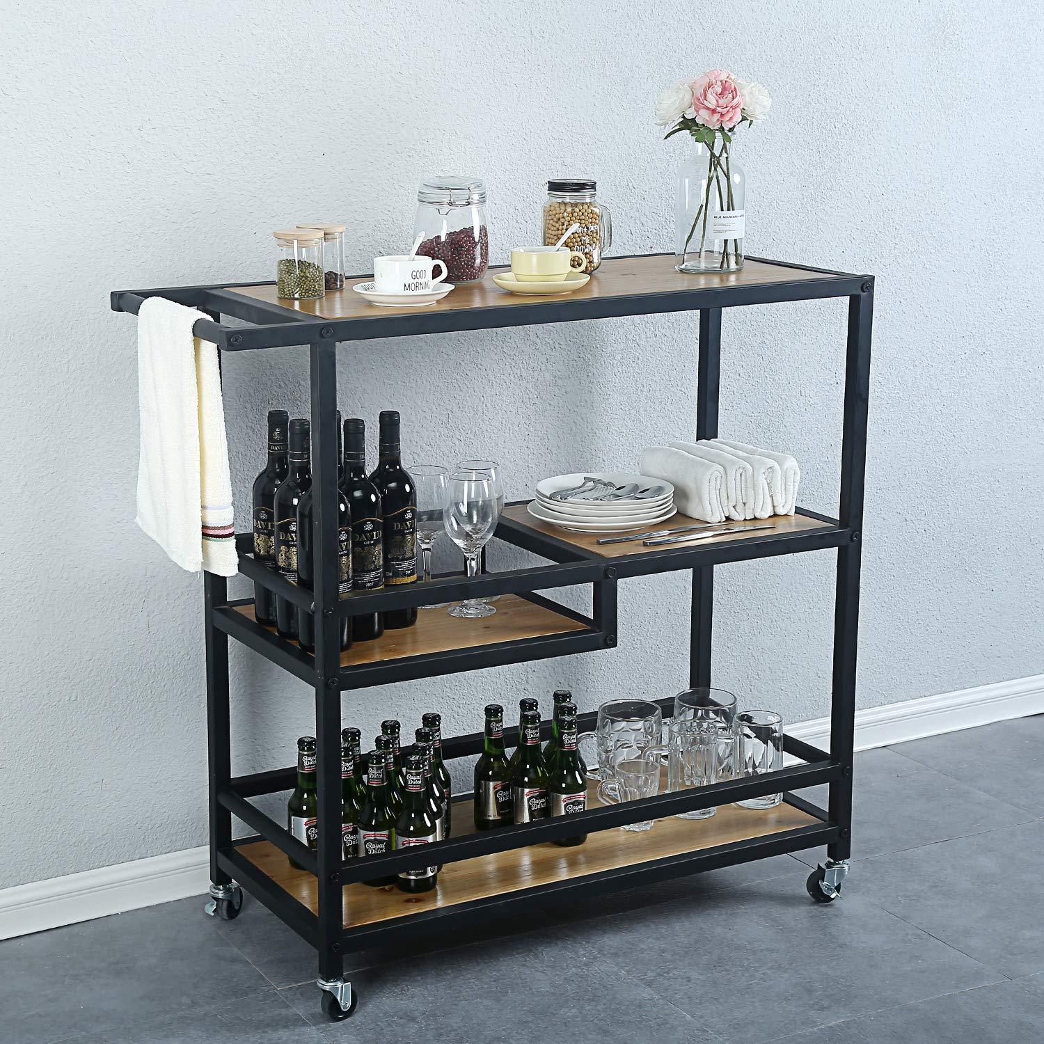 3-Tier Rolling Bar Cart with Wheels - Industrial Modern Rustic Wood & Metal Kitchen Serving Cart for Coffee, Wine & Storage - Black | Perfect for Home Bars, Dining Rooms & Entertaining Spaces
