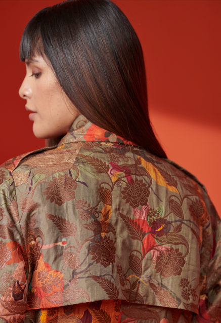 Premium Olive Green Trench Coat - Elegant Silk Brocade Outerwear for Women | Perfect for Fall Fashion, Office Wear & Special Occasions