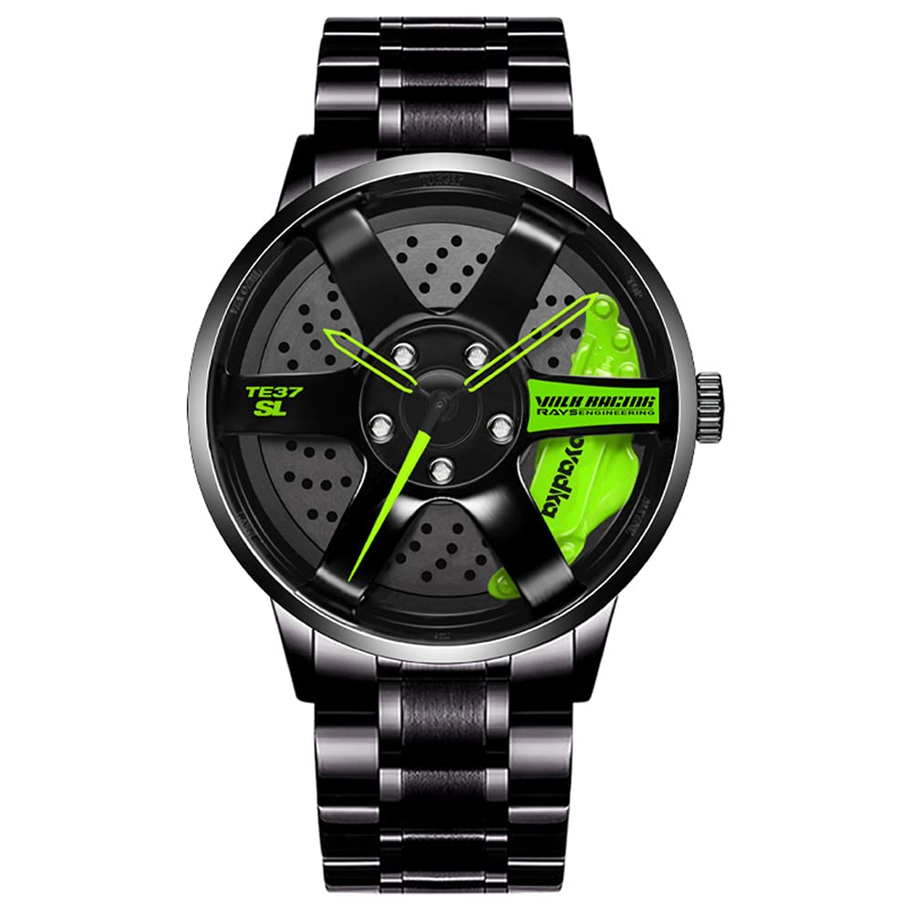 Premium Stainless Steel Car Wheel Watch for Men - Japanese Quartz Movement, Waterproof Sports Wristwatch with Unique Car Rim Hub Design - Perfect Gift for Car Enthusiasts & Automotive Lovers - Ideal for Racing Events, Car Shows, and Everyday Wear