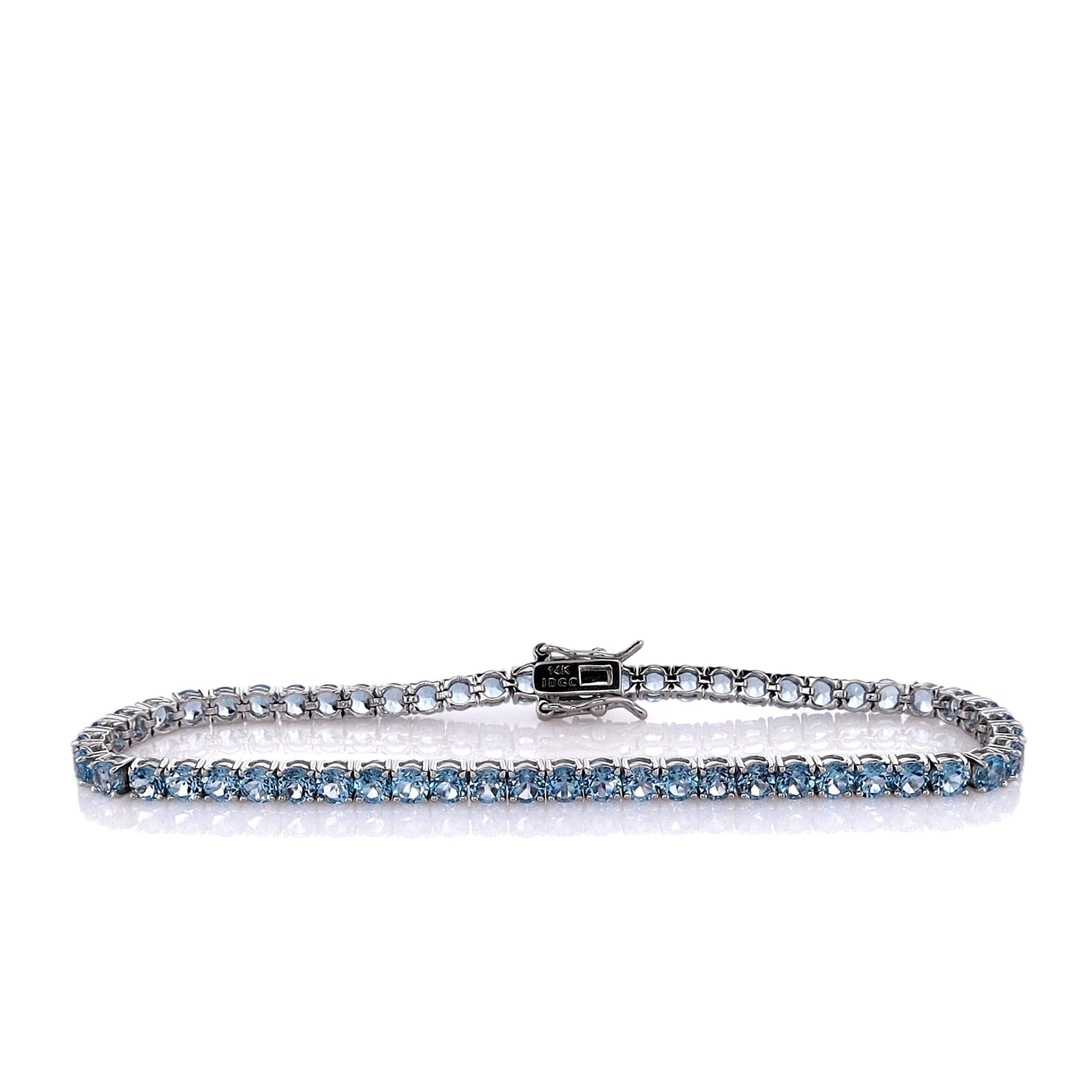 14K White Gold 7 Round Swiss Blue Topaz Line Bracelet for Women - Elegant Tennis Bracelet for Wedding, Anniversary & Special Occasions