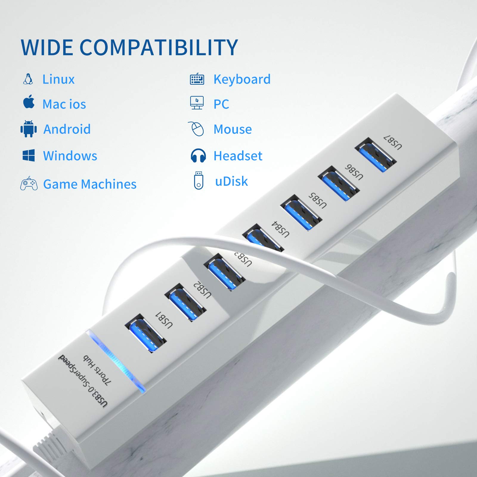 7-Port USB 3.0 Hub - 5Gbps High-Speed Splitter for MacBook, PC & Laptops - Workspace Organizer