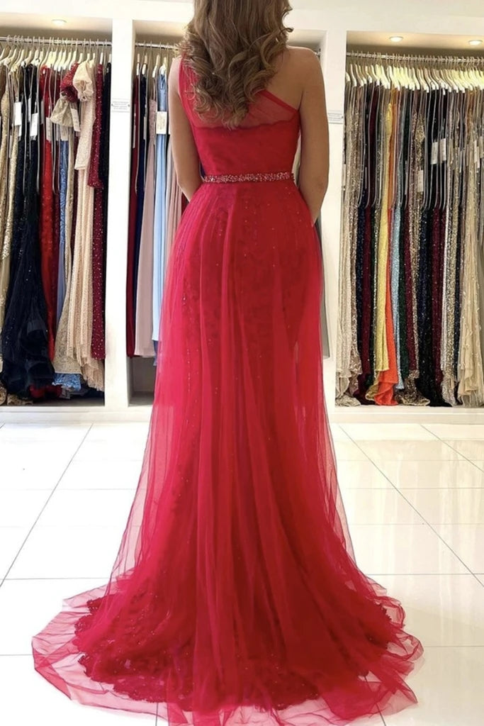 Elegant Red Lace Tulle Prom Dress with One Shoulder & Mermaid Silhouette - Sparkling Sequin Belt for Homecoming, Evening Gala & Special Occasions