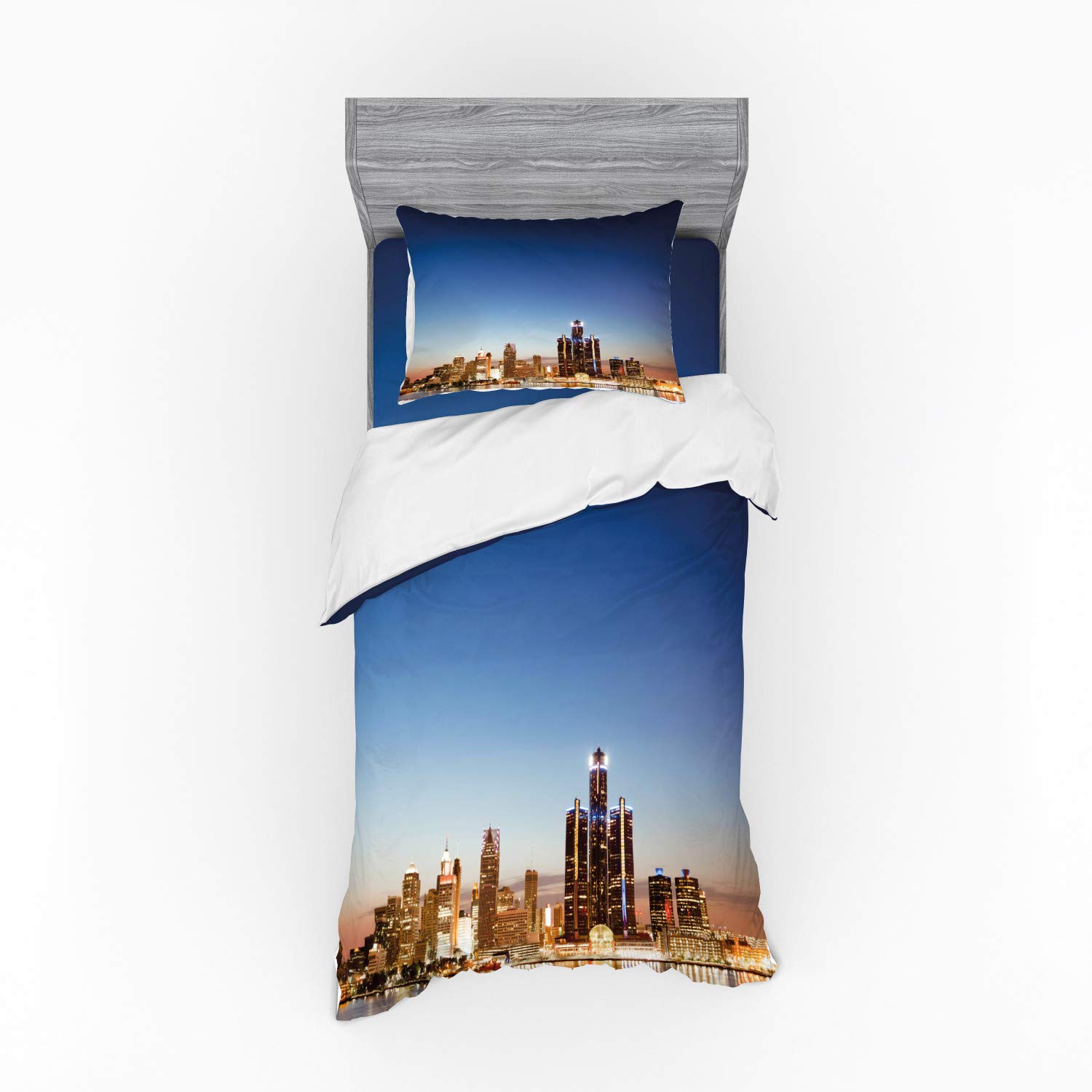 Ambesonne Detroit Bedding Set - Michigan Skyline at Twilight Waterfront Cityscape Duvet Cover, 3 Piece Set with Pillow Sham & Fitted Sheet, Twin XL Size, Multicolor - Perfect for Travel Lovers & Urban Decor Bedroom