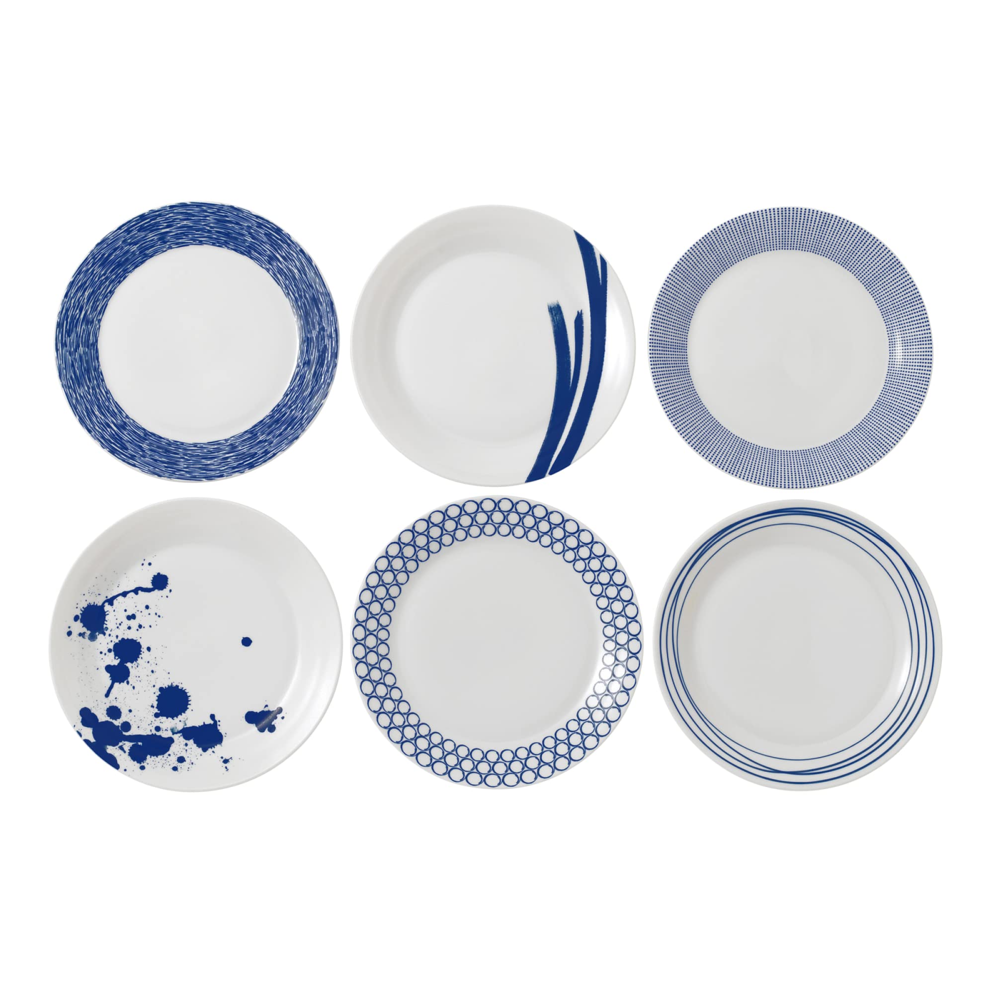 Royal Doulton Pacific Mixed Patterns Dinner Plates 11.4 Inch - Blue and White Ceramic Plates Set of 6 - Elegant Dinnerware for Formal Dining, Parties & Home Decor