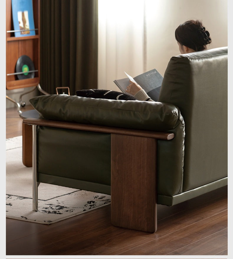 Premium Black Walnut Solid Wood Italian Leather Sofa - Modern Luxury Living Room Furniture for Home & Office Comfort