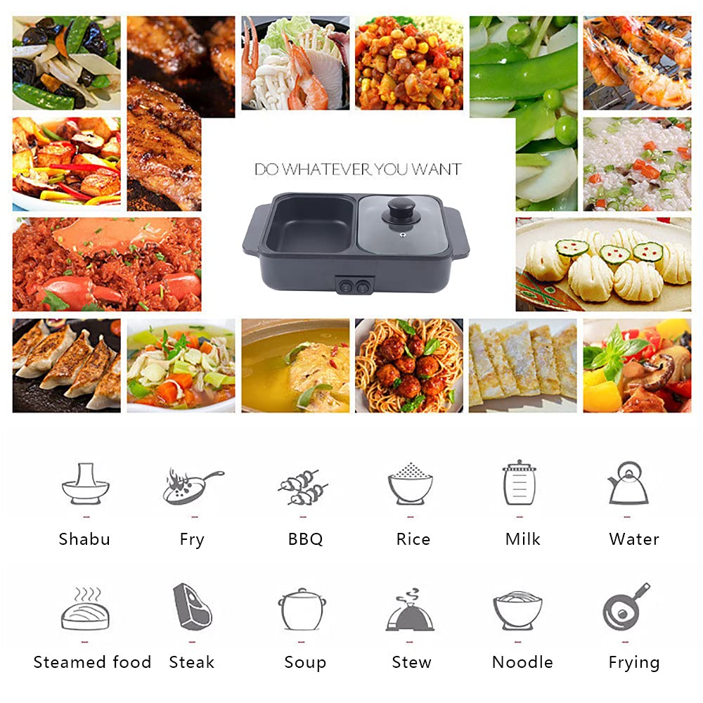 2-in-1 Electric Hot Pot & Grill - Non-Stick Indoor Smokeless Korean BBQ with Independent Temperature Control, Portable Multi-Cooker for 1-2 People (Black) | Perfect for Dorm Rooms, Small Apartments & Camping Trips