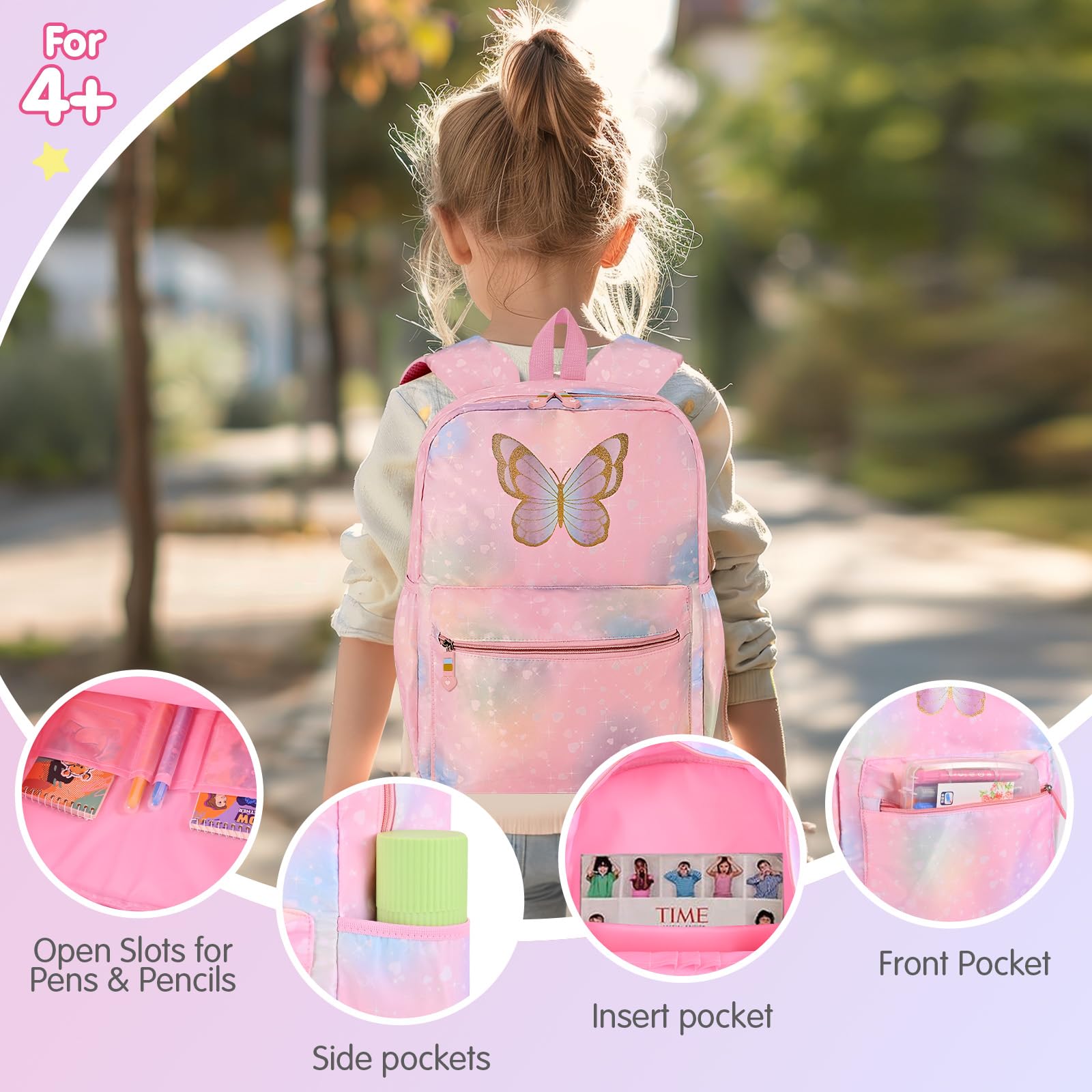 Cokouchyi 3 Pcs Kids Backpack Set with Lunch Box & Pencil Case - Lightweight Preschool Backpack for Girls Age 4-8, Elementary School Book Bag with Butterfly Design - Perfect for School, Travel & Daily Use