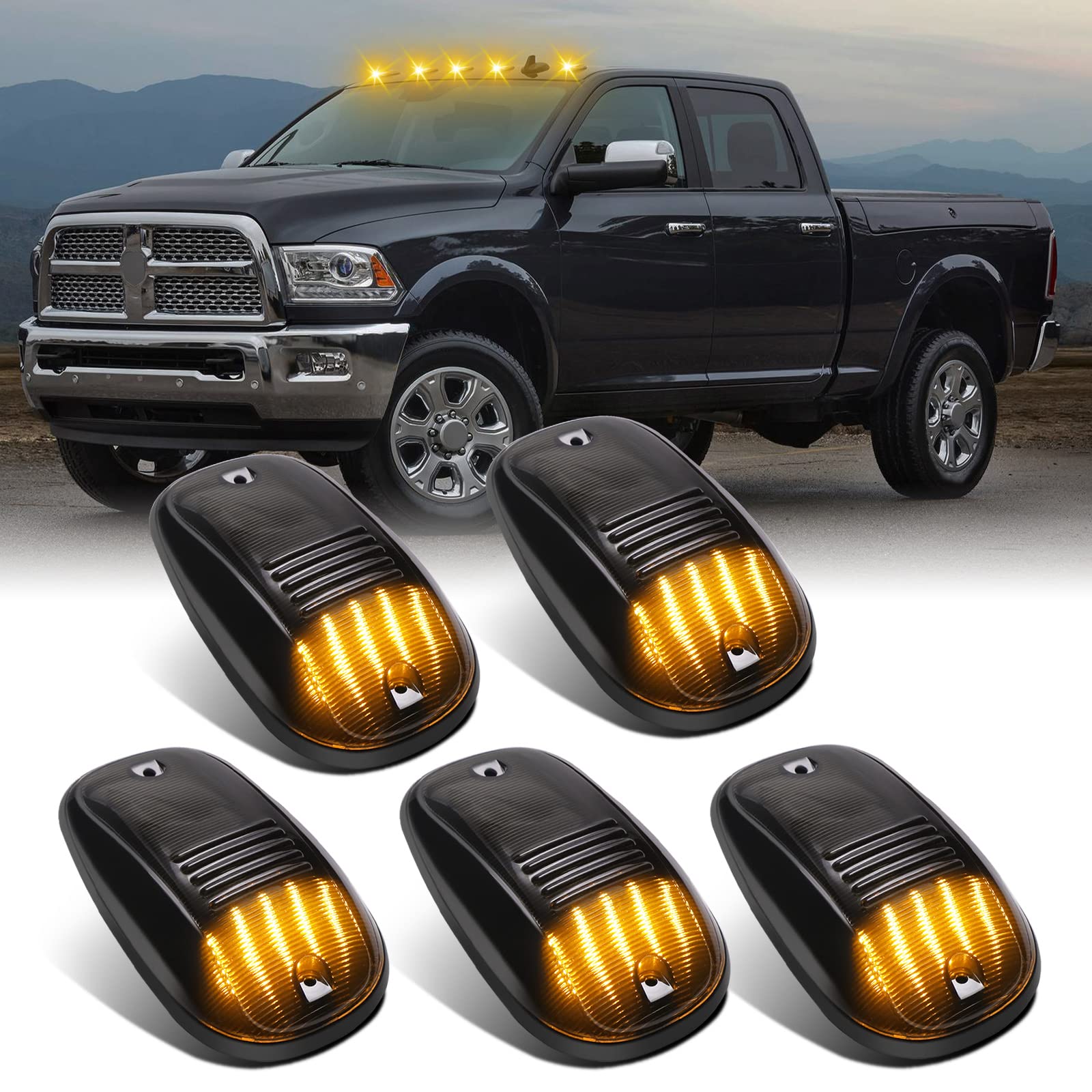 High-Quality LED Cab Clearance Lights for Ram 1500/2500/3500 (2003-2018) & Ram 4500/5500 (2011-2018) - 5PCS Amber Smoked Roof Lights - Durable Replacement for Truck Cab Lighting - Perfect for Night Driving & Off-Road Adventures