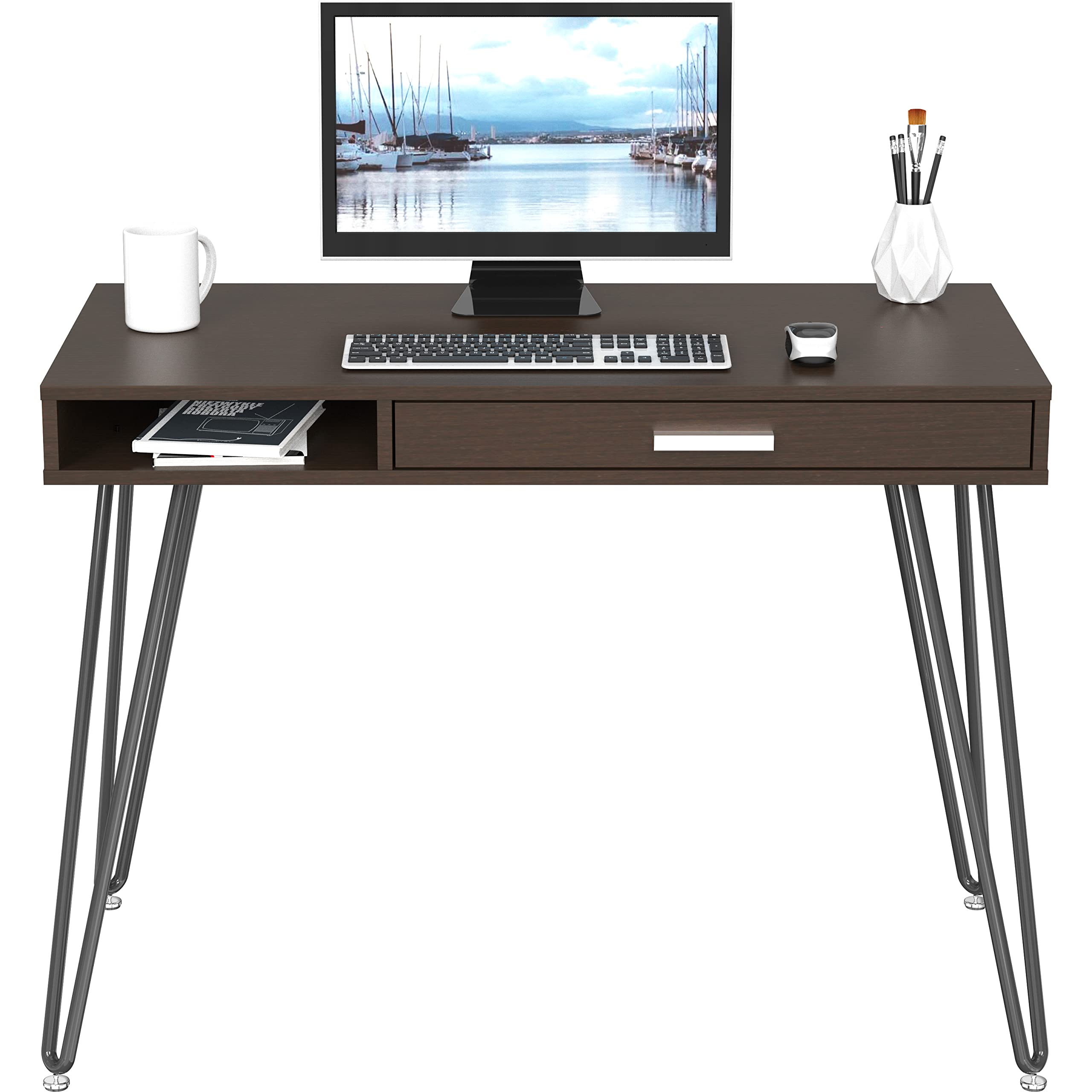 SHW Modern Home Office Computer Desk with Drawer & Hairpin Legs - Stylish Writing Desk for Small Spaces, Perfect for Remote Work & Study