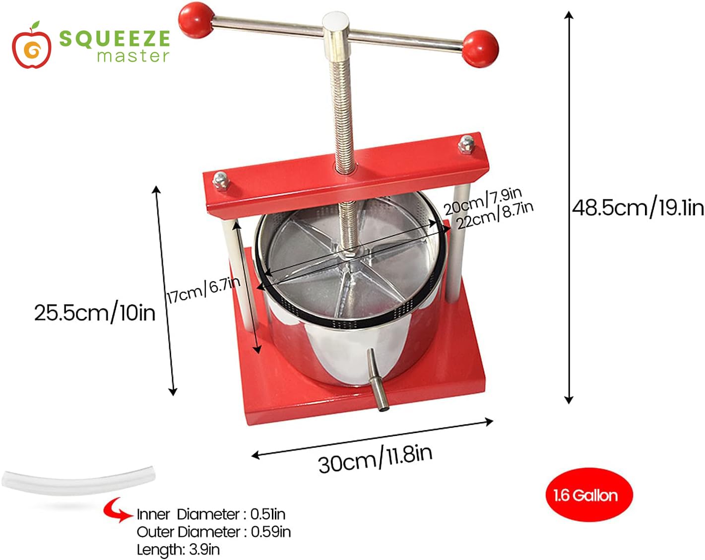 Premium Manual Fruit Wine Press - 1.6 Gallon/6L Stainless Steel & Iron Juice Extractor for Apple Cider, Grape Wine, Olive Oil - Heavy Duty with Power Ball Handle - Perfect for Home Brewing, Winemaking & Kitchen Use