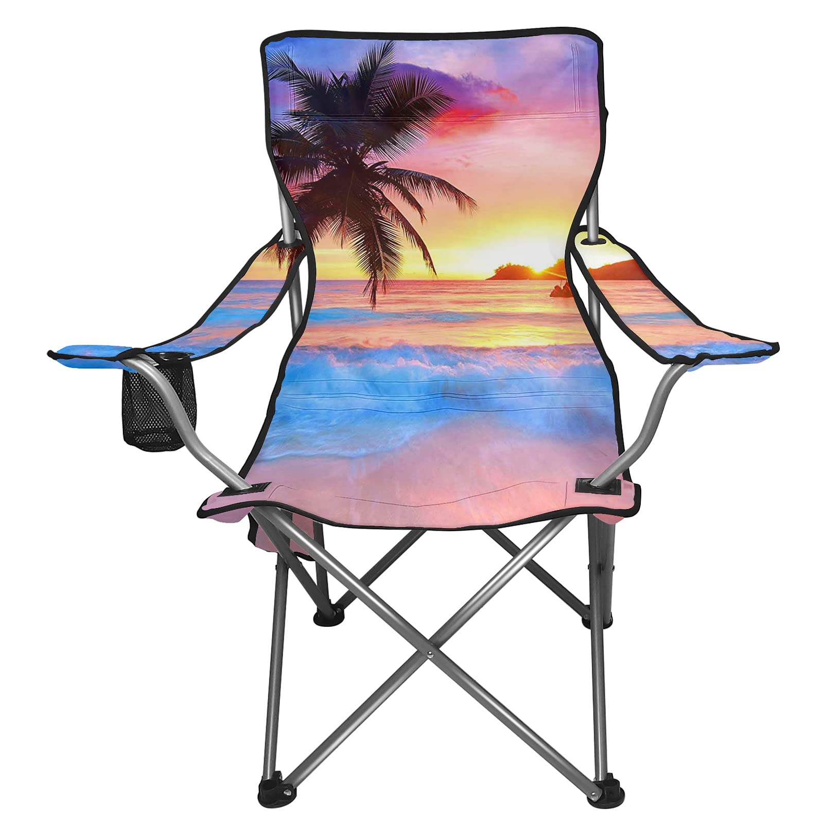 UNICEU Portable Folding Camping Chairs with Cup Holder & Side Pocket - Lightweight Beach Chairs for Outdoor, Picnic, Travel, and Backyard Relaxation - Tropical Palm Trees Sunset Design