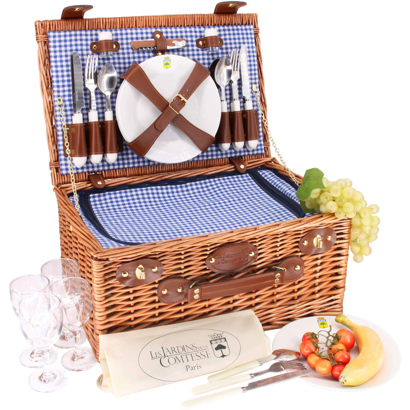 Les Jardins de la Comtesse Marly Blue Gingham Picnic Basket Set for 4 - Includes Insulated Cooler Compartment, Ceramic Plates & Wine Glasses (46 x 31 x 20 cm) - Perfect for Outdoor Dining, Beach Picnics & Romantic Getaways